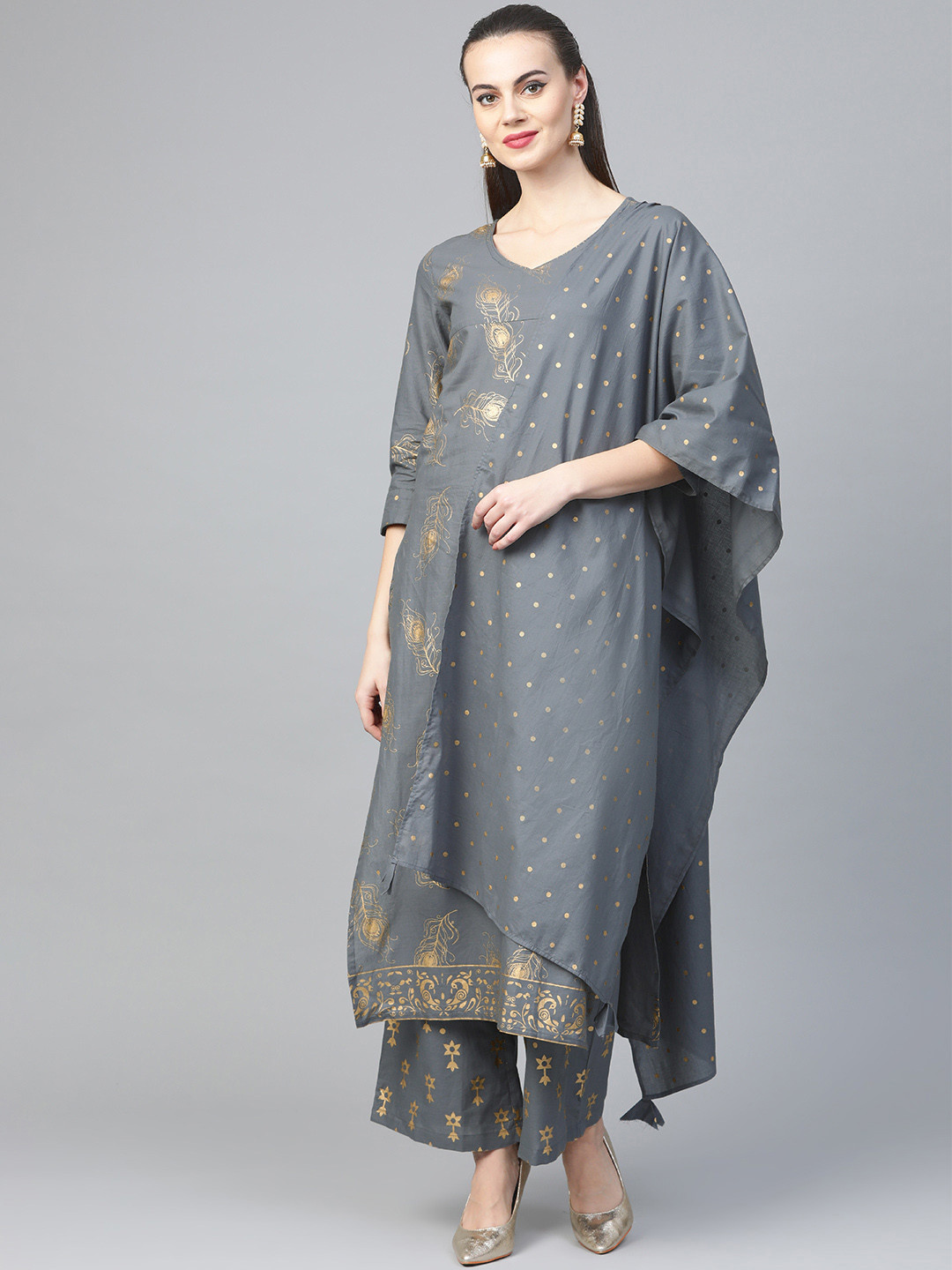 

Yuris Women Charcoal Grey & Golden Printed Kurta with Palazzos & Dupatta