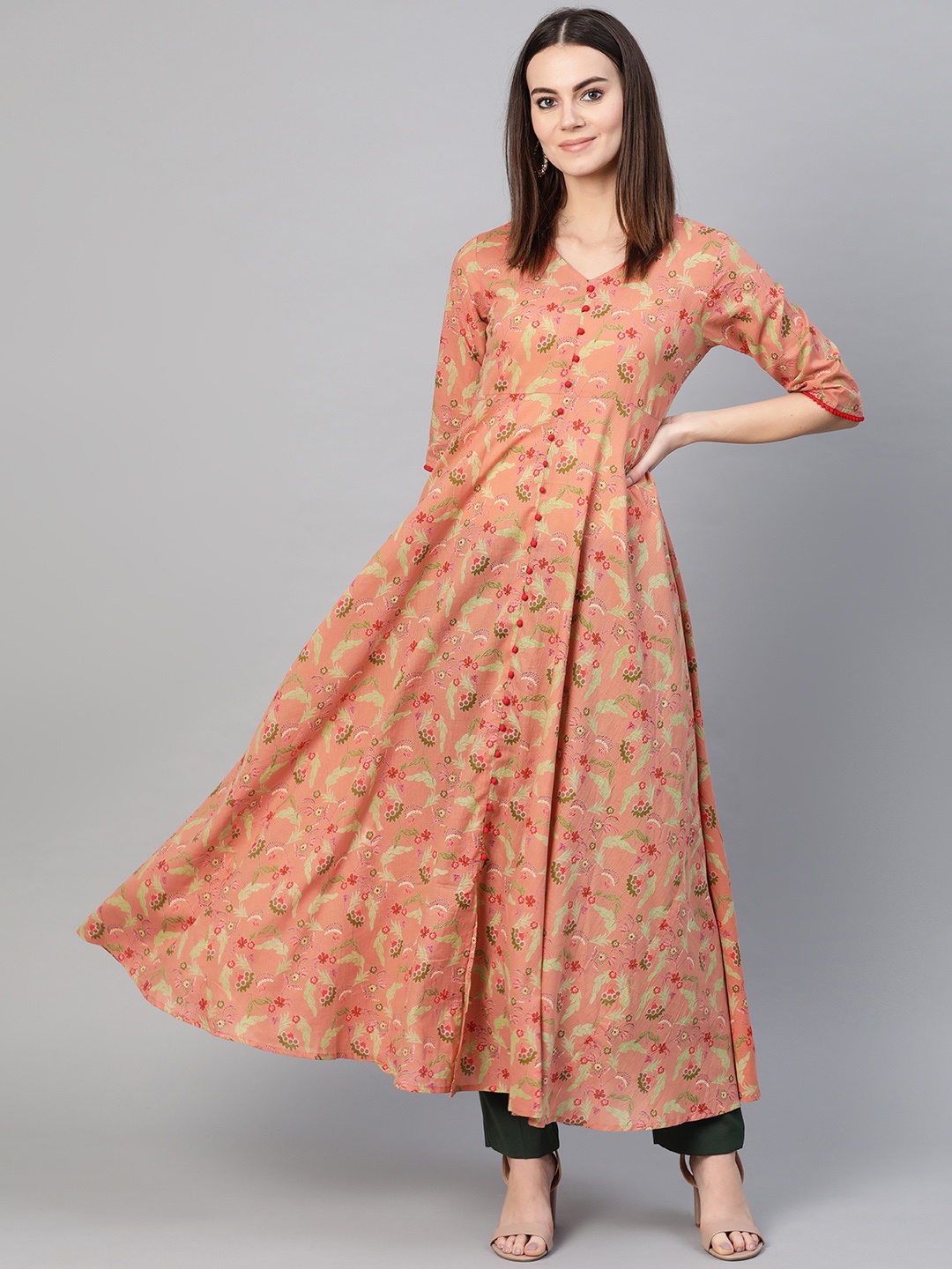 

Yuris Women Peach-Coloured & Green Floral Printed A-Line Kurta