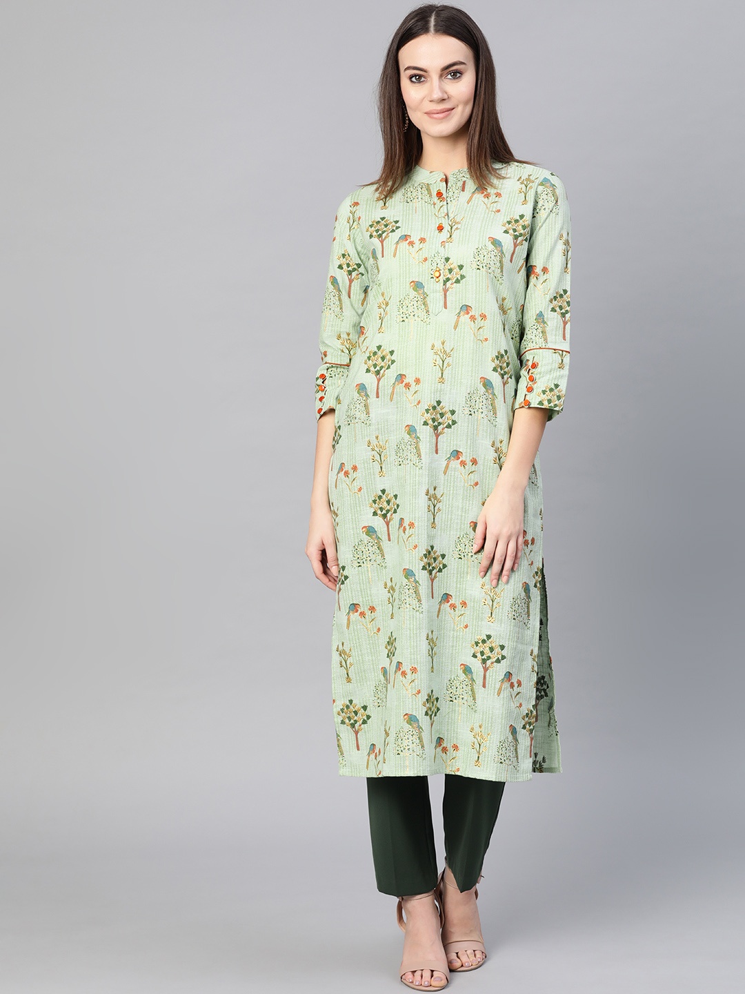 

Yuris Women Green & Rust Brown Quirky Print Straight Kurta