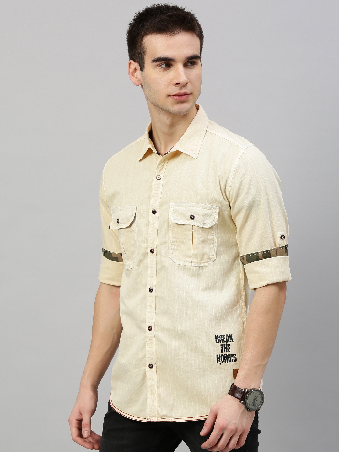 

The Roadster Lifestyle Co Men Beige Regular Fit Washed Slub Casual Shirt