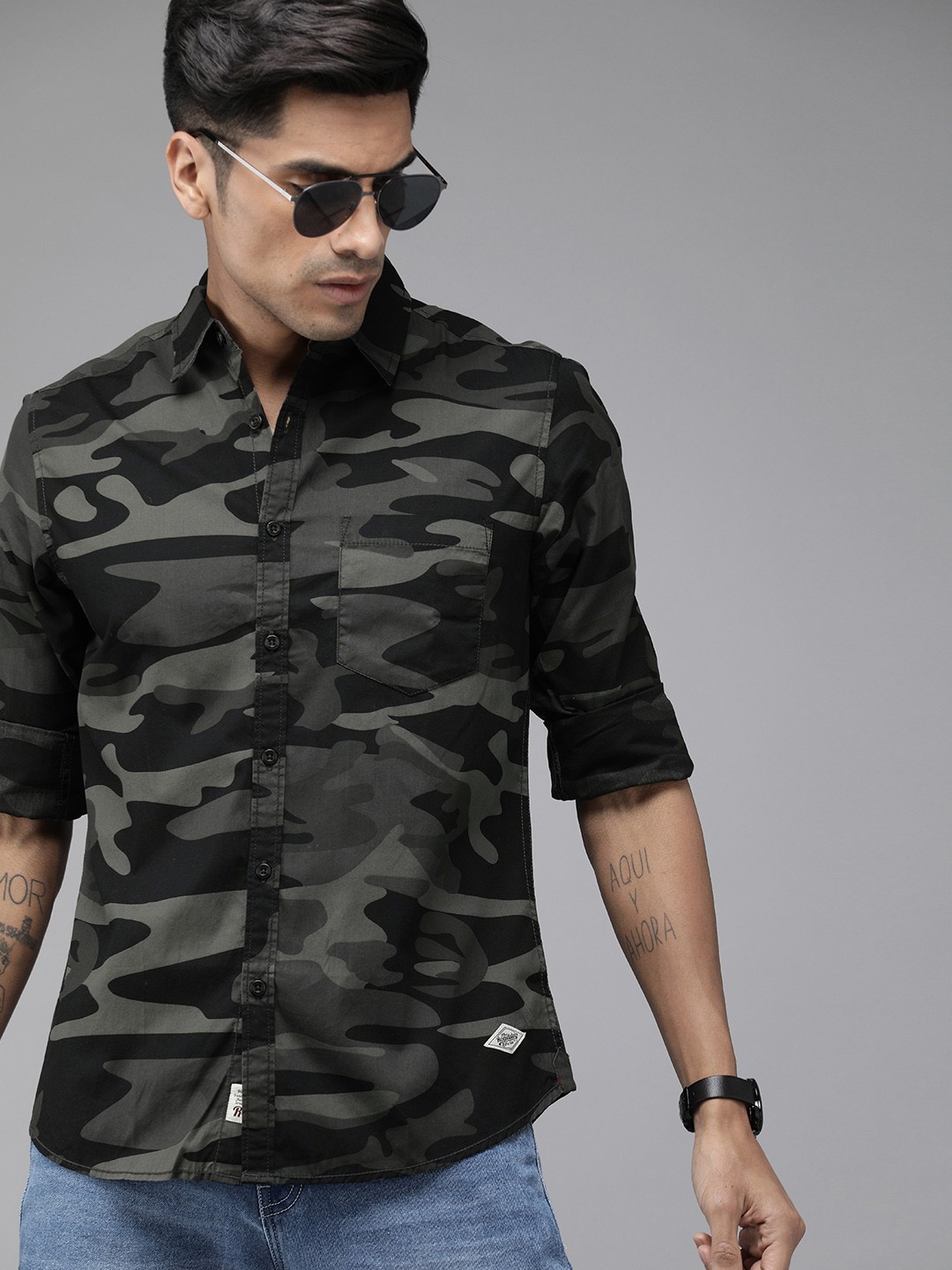 

The Roadster Lifestyle Co Men Green Camouflage Printed Sustainable Casual Shirt, Black