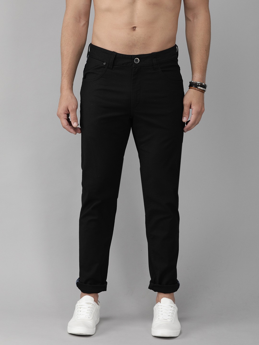 

The Roadster Lifestyle Co Men Black Regular Fit Solid Regular Trousers