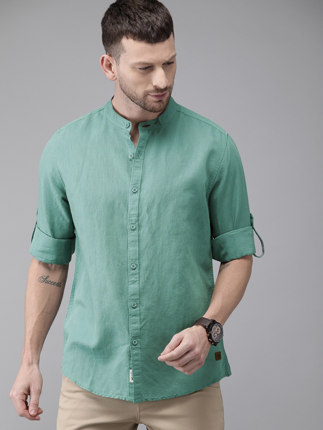 

Roadster Men Sea Green Regular Solid Band Collar Arctic Linen Cotton Sustainable Casual Shirt