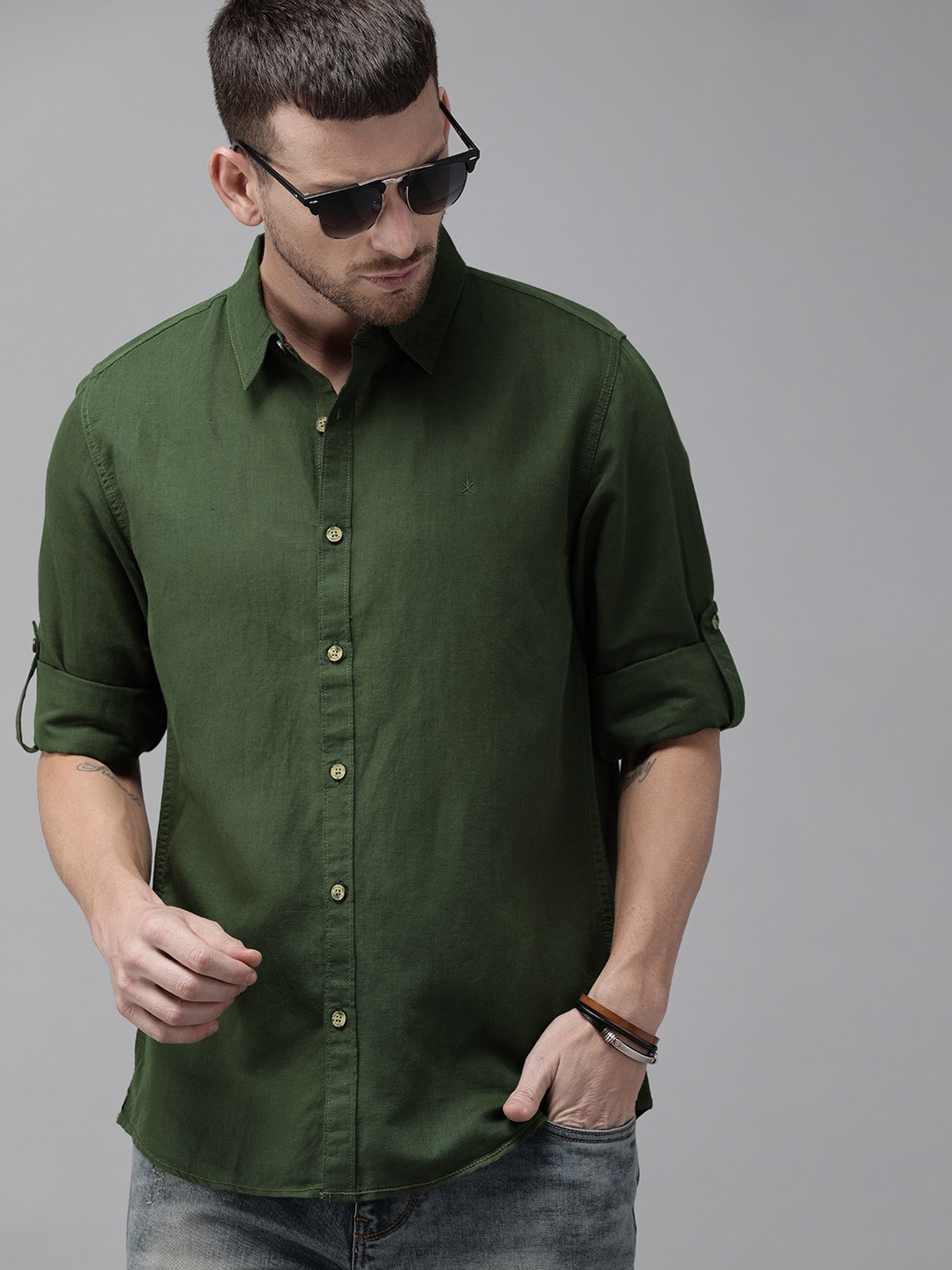 

Roadster Men Olive Green Regular Fit Linen Solid Casual Sustainable Shirt