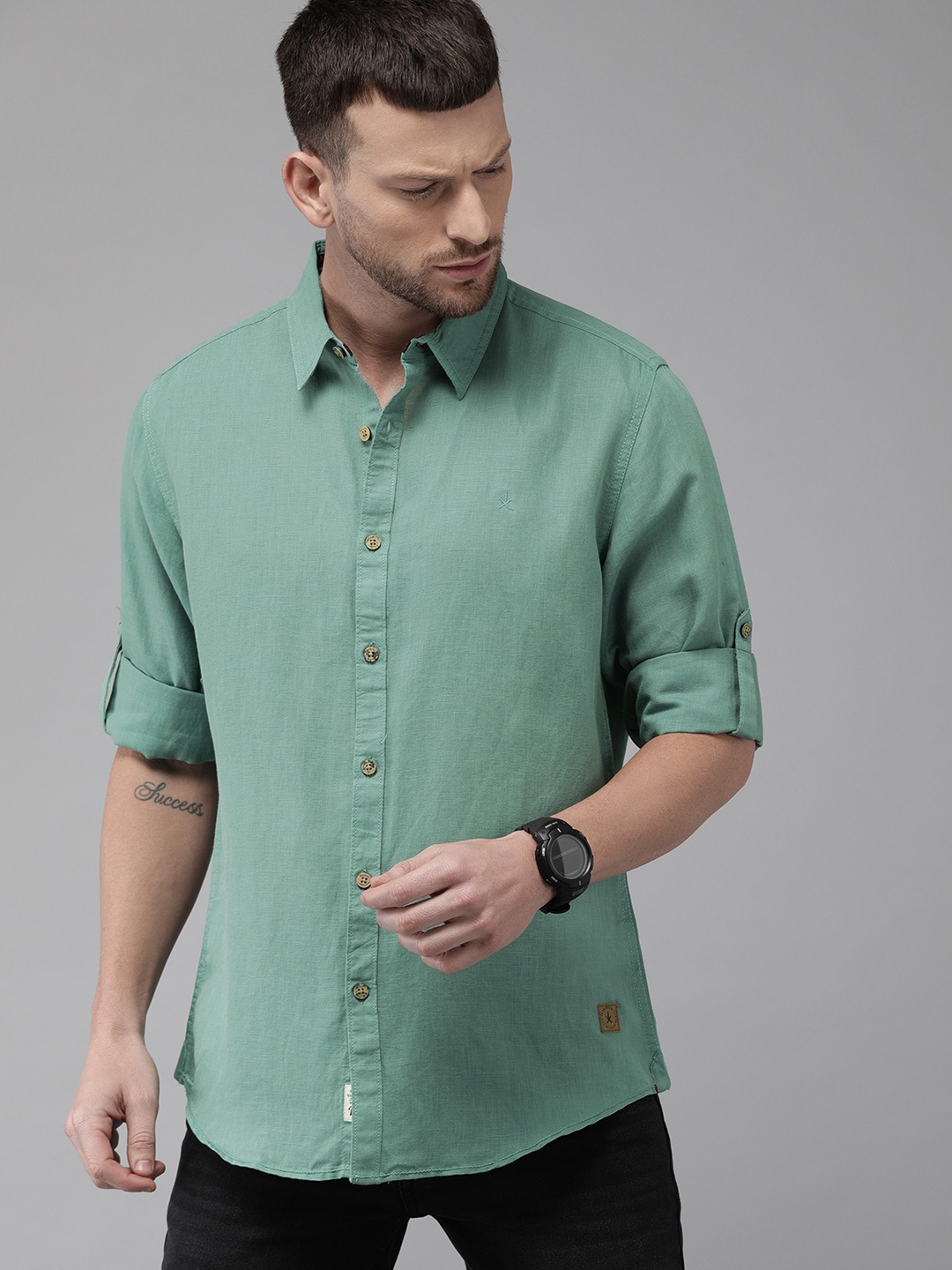 

Roadster Men Sea Green Regular Fit Solid Casual Linen Shirt