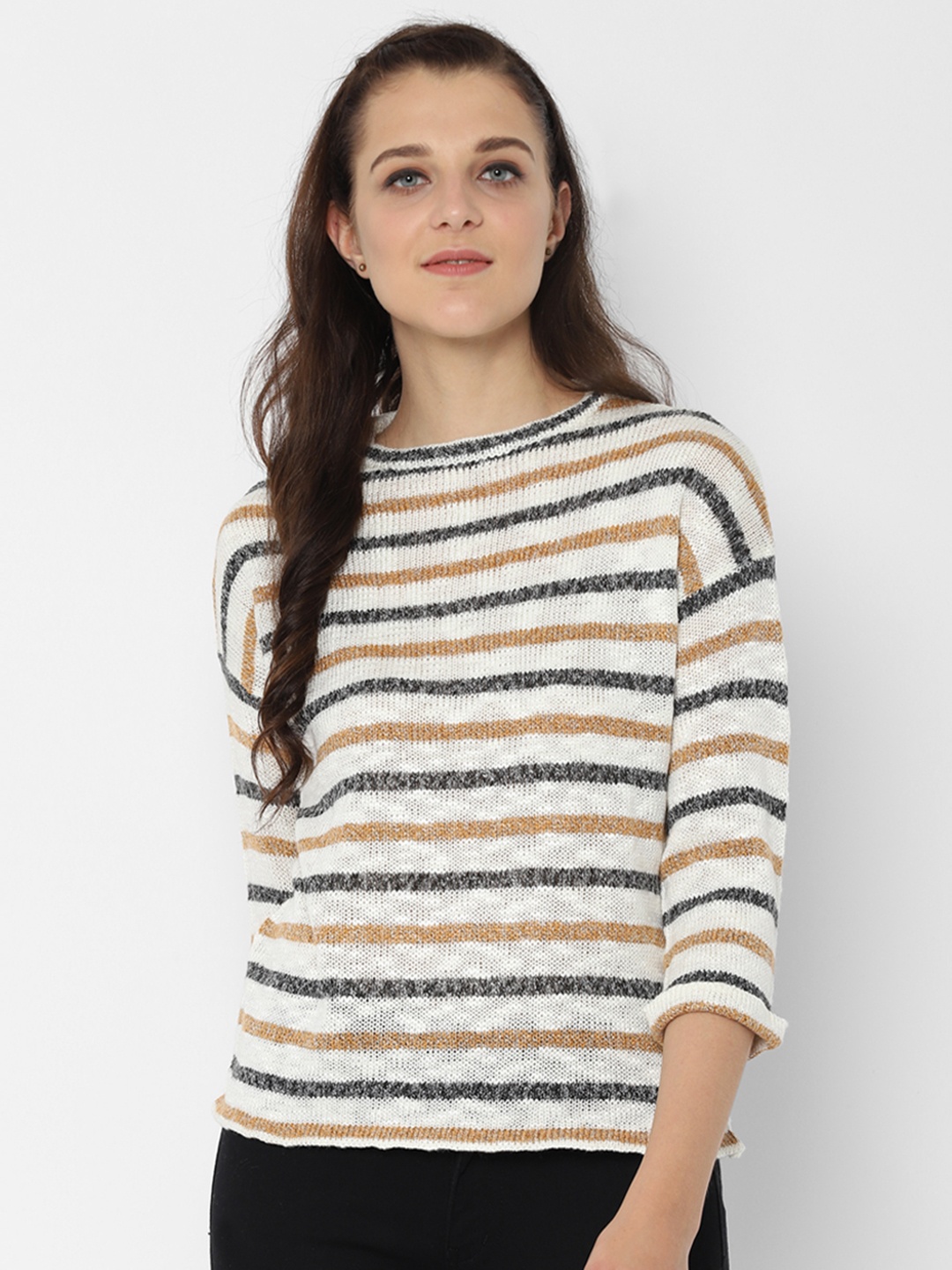 

People Women White & Beige Striped Sweater