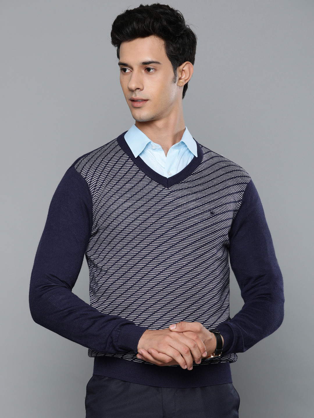 

Louis Philippe Men Navy Blue & White Striped Pullover Sweater