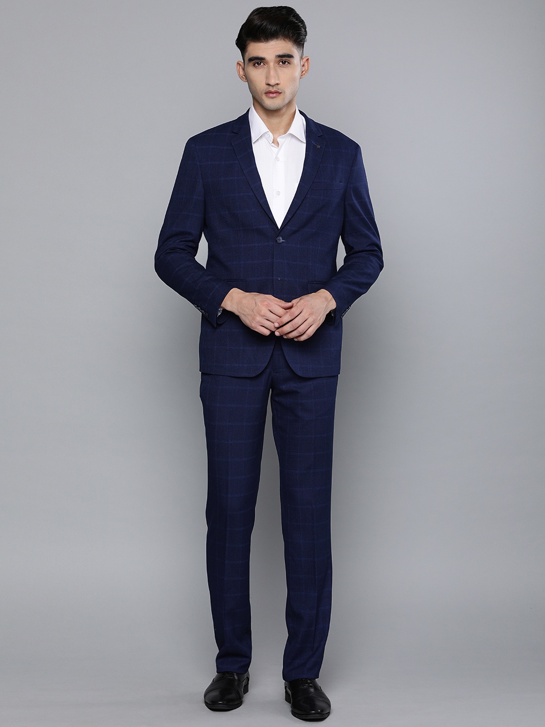 

Louis Philippe Men Navy Blue Checked Slim Fit Single-Breasted Party Suit