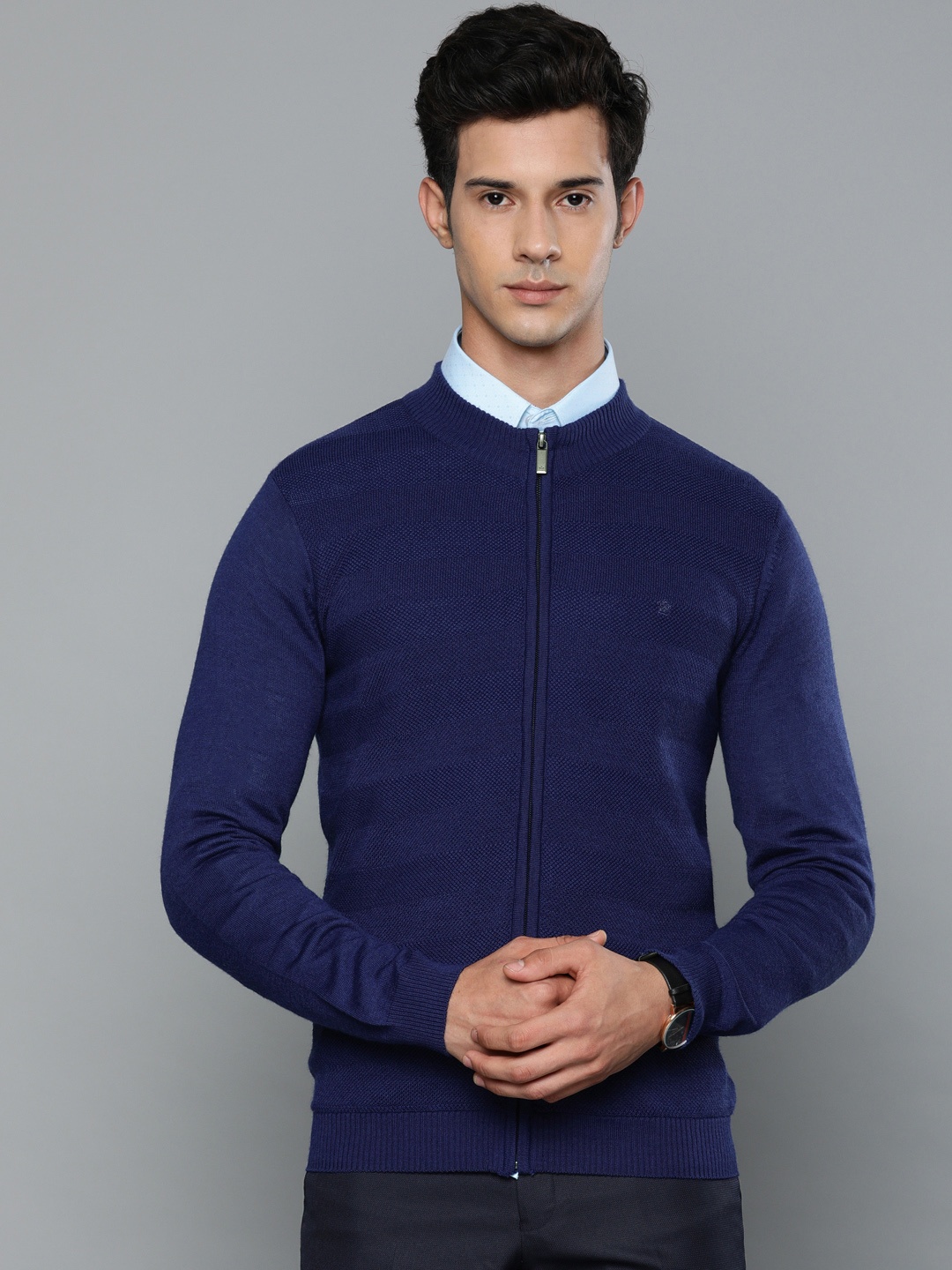 

Louis Philippe Men Navy Blue Solid Front-Open Sweater