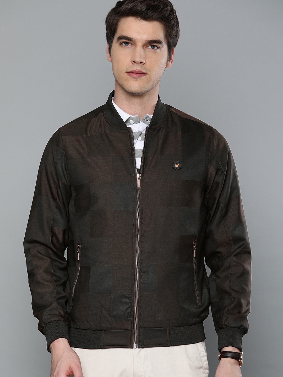 

Louis Philippe Men Brown & Black Checked Bomber Jacket