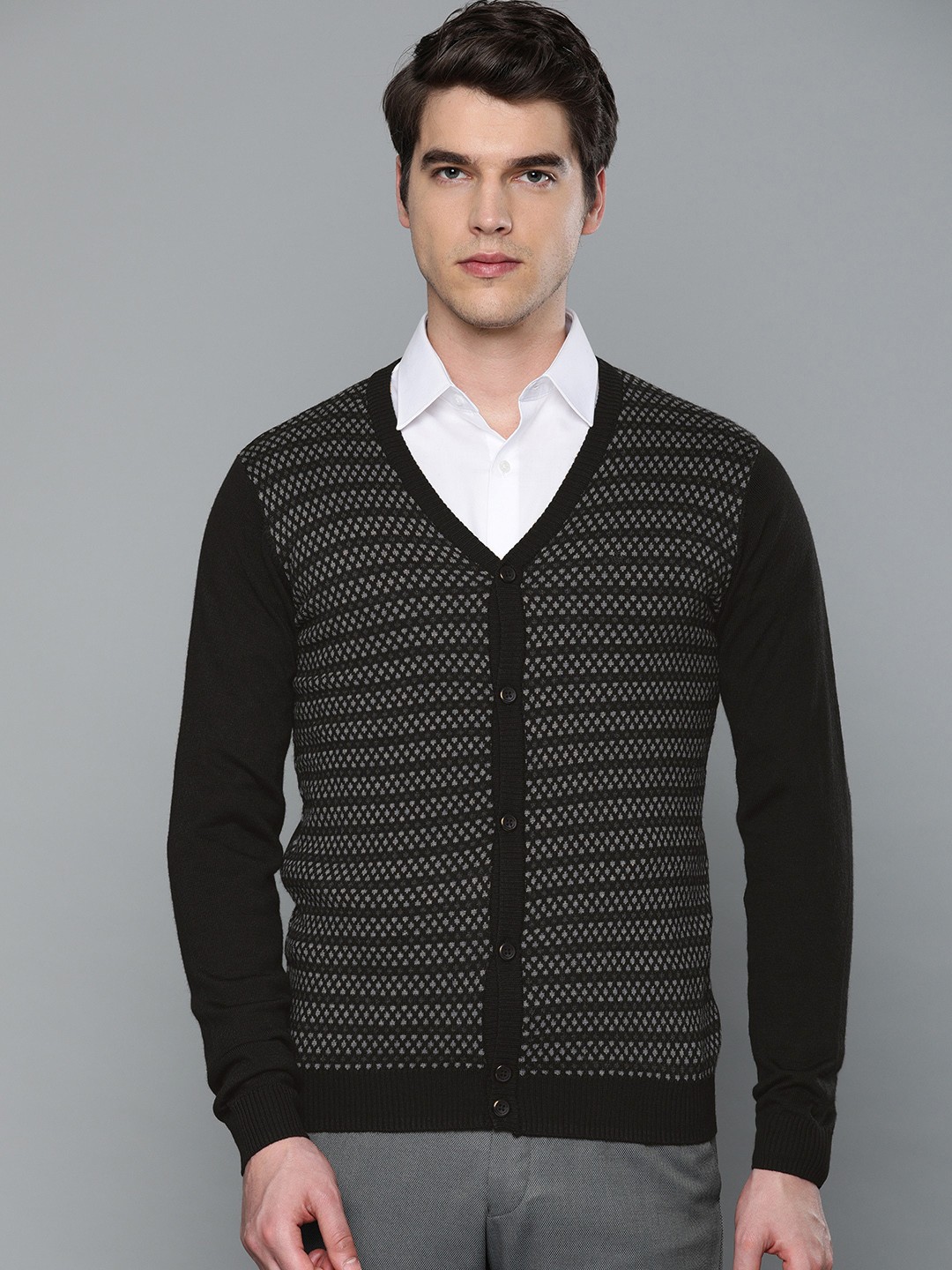 

Louis Philippe Men Black & Grey Self Design Cardigan Sweater