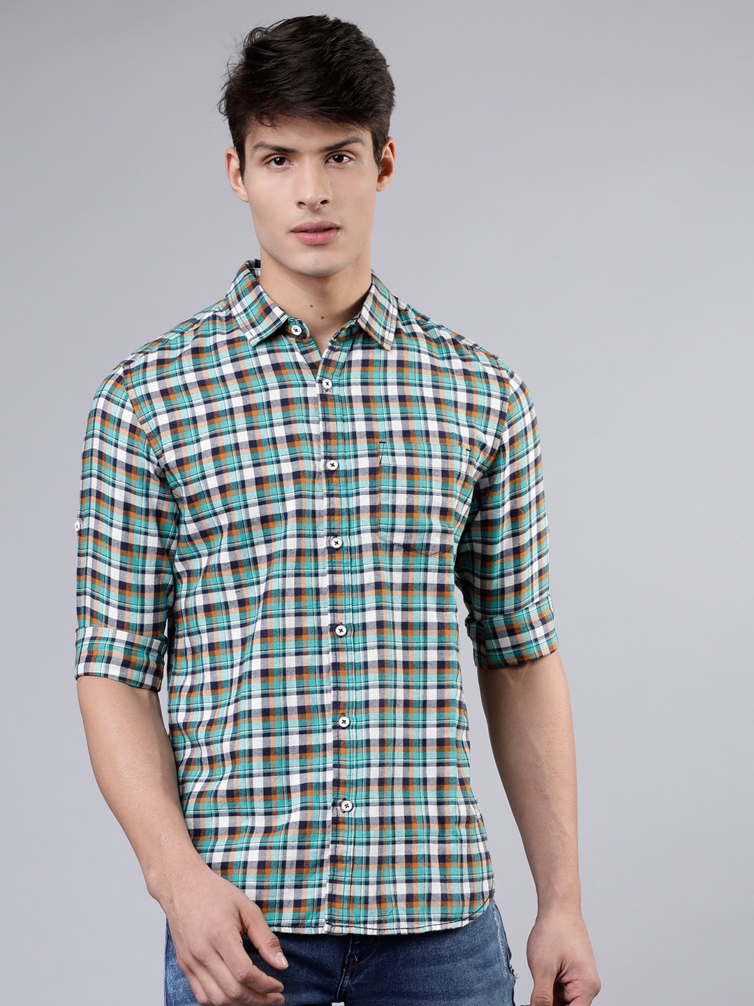 

LOCOMOTIVE Men Blue & White Slim Fit Checked Casual Shirt