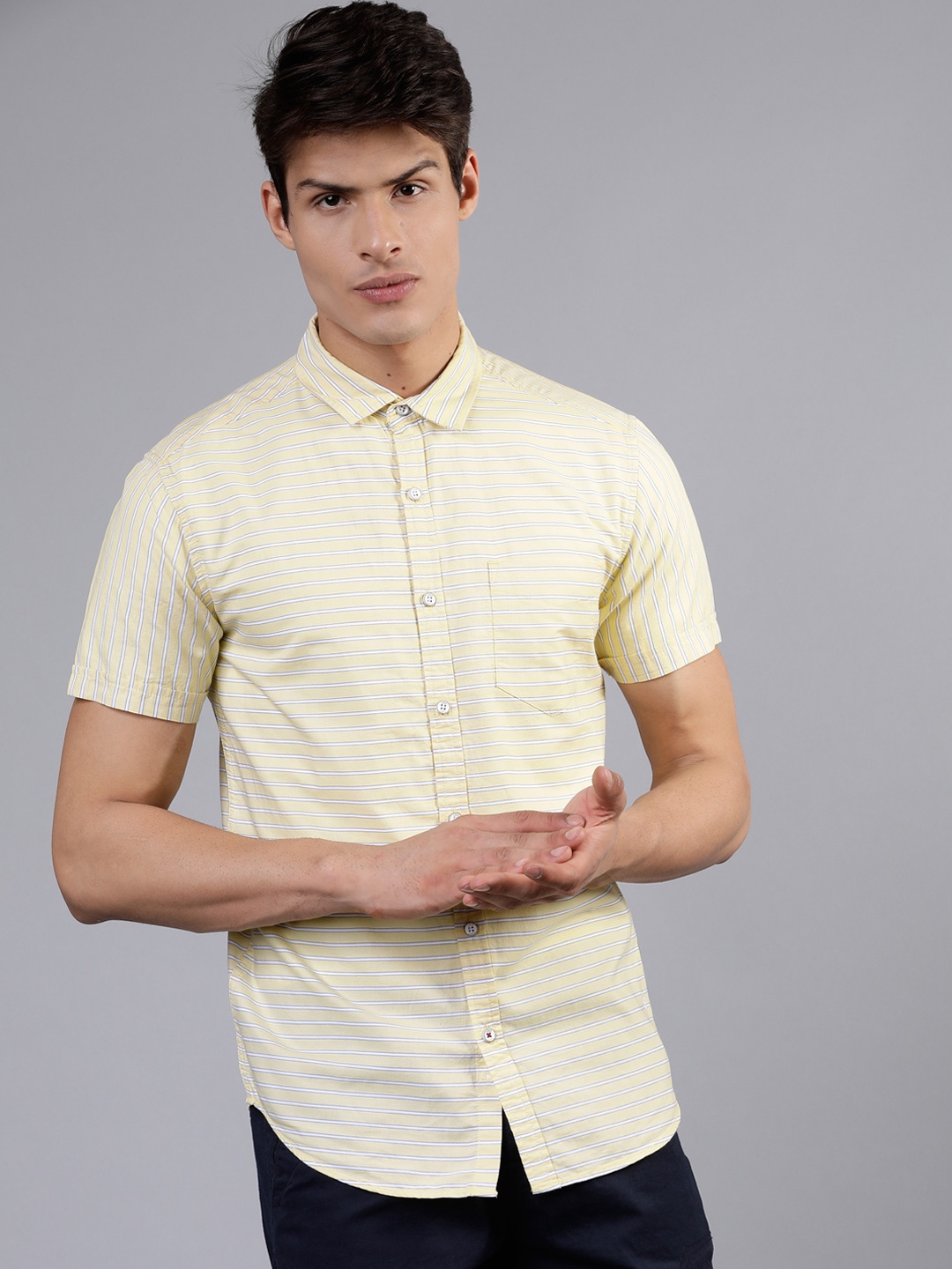 

LOCOMOTIVE Men Yellow & White Slim Fit Striped Casual Shirt