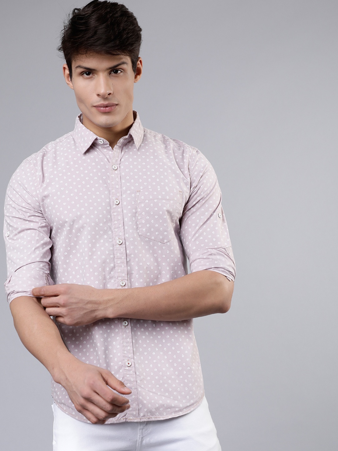 

LOCOMOTIVE Men Pink & White Slim Fit Printed Casual Shirt
