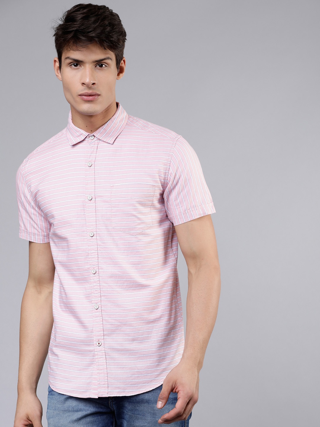 

LOCOMOTIVE Men Pink & White Slim Fit Striped Casual Shirt