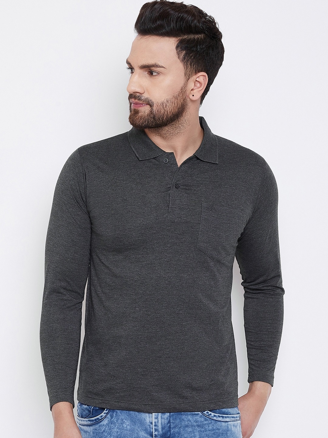 

Camey Men Charcoal Grey Solid Polo Collar T-shirt