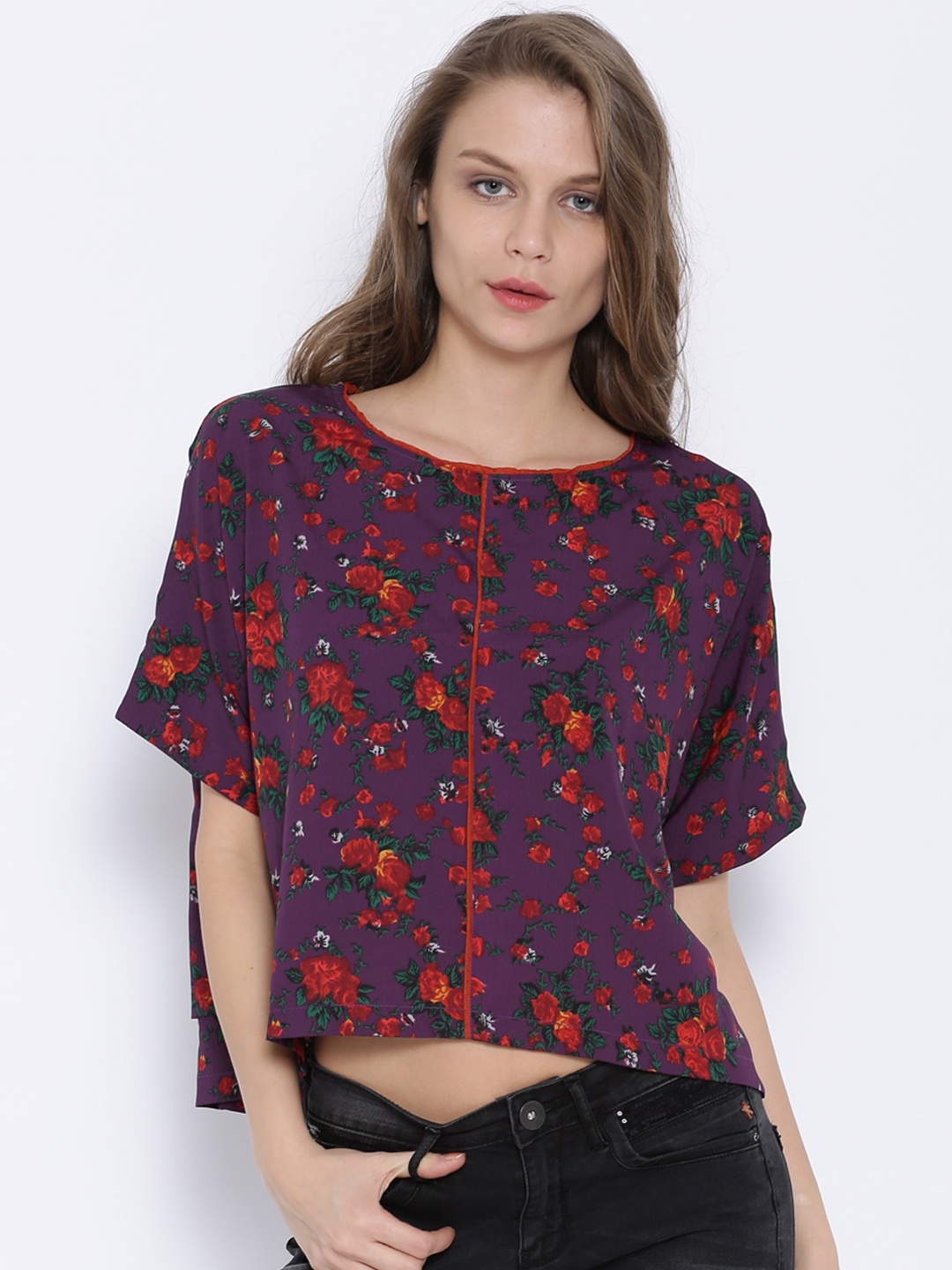 

Tokyo Talkies Purple Printed Boxy Top