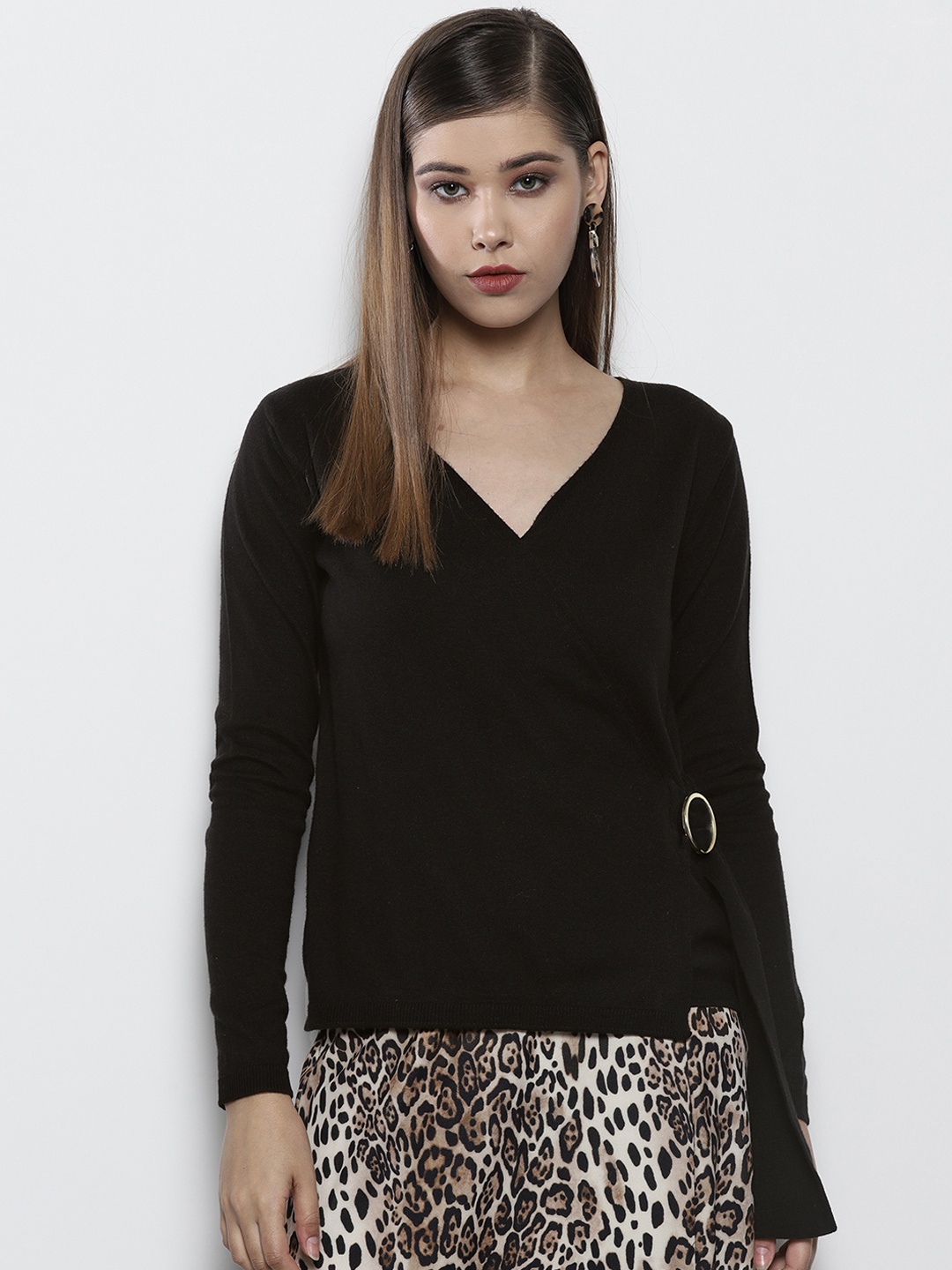 

DOROTHY PERKINS Women Black Solid Wrap Sweater