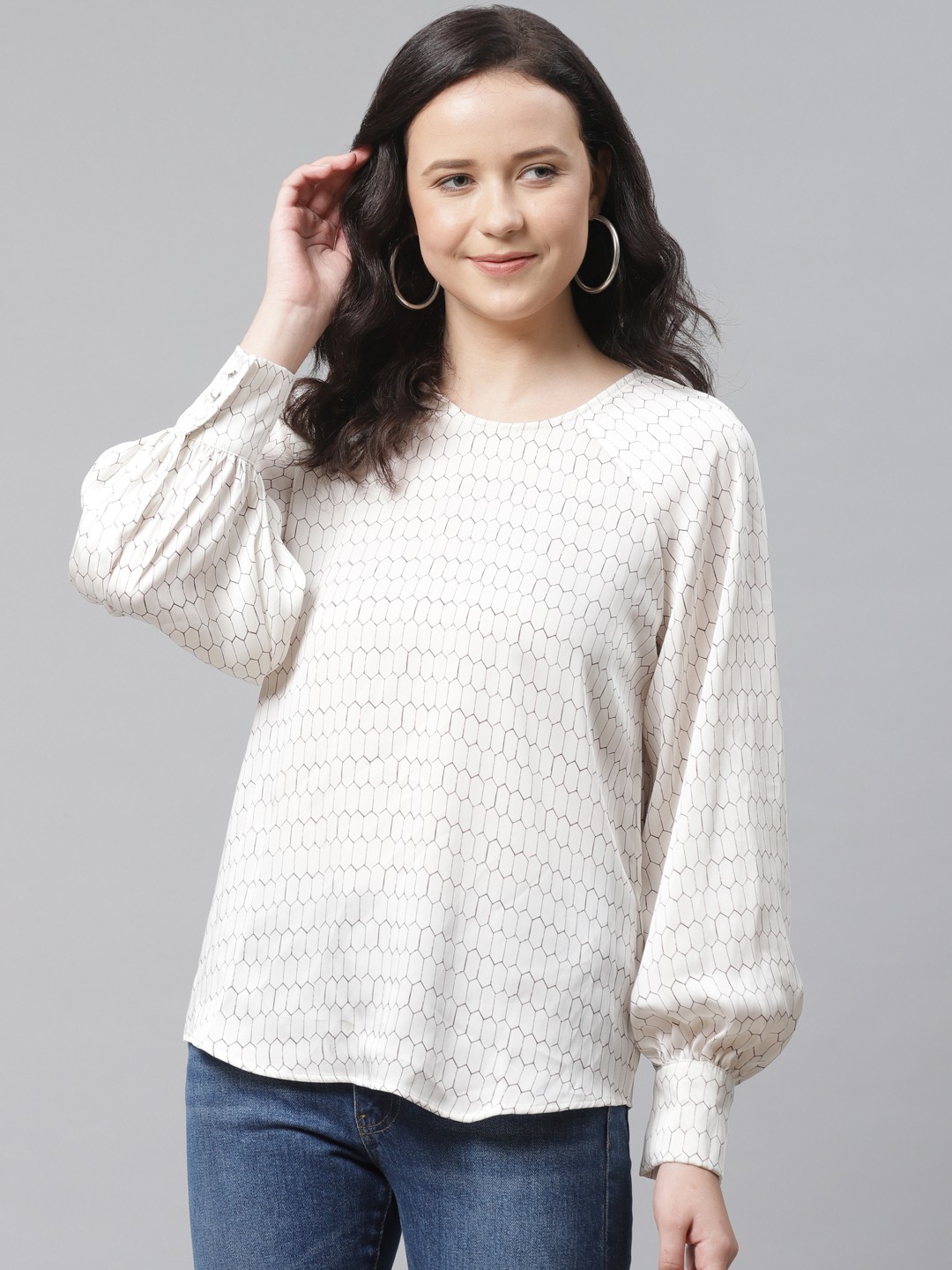 

Marks & Spencer Women White & Coffee Brown Geometric Printed Top