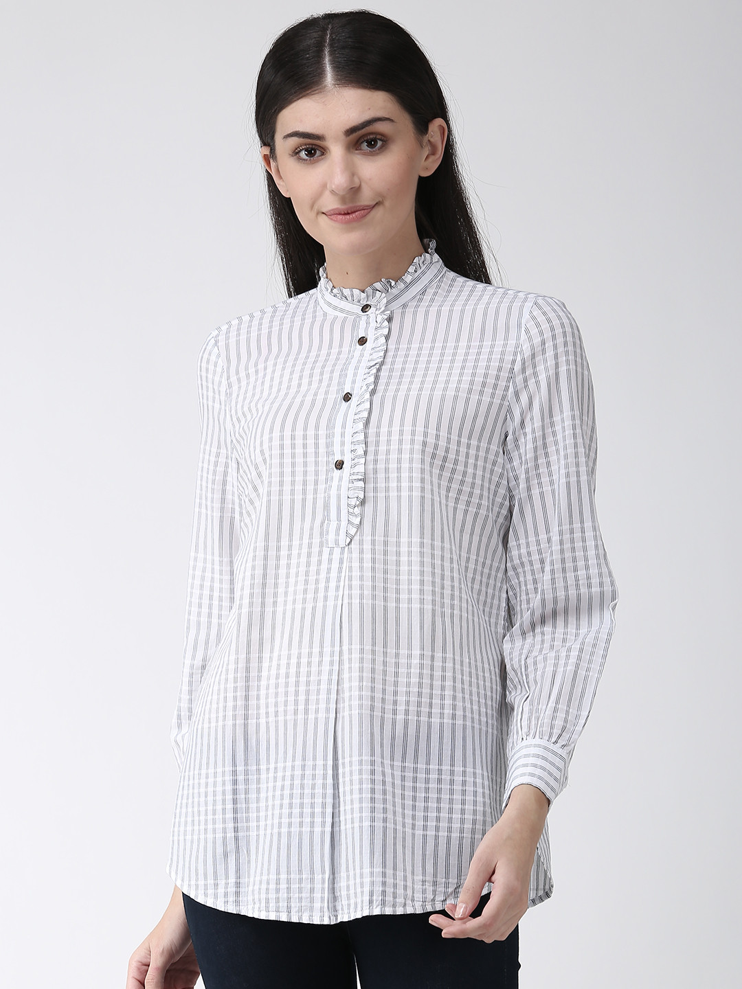 

Marks & Spencer Women White & Navy Checked Shirt Style Top