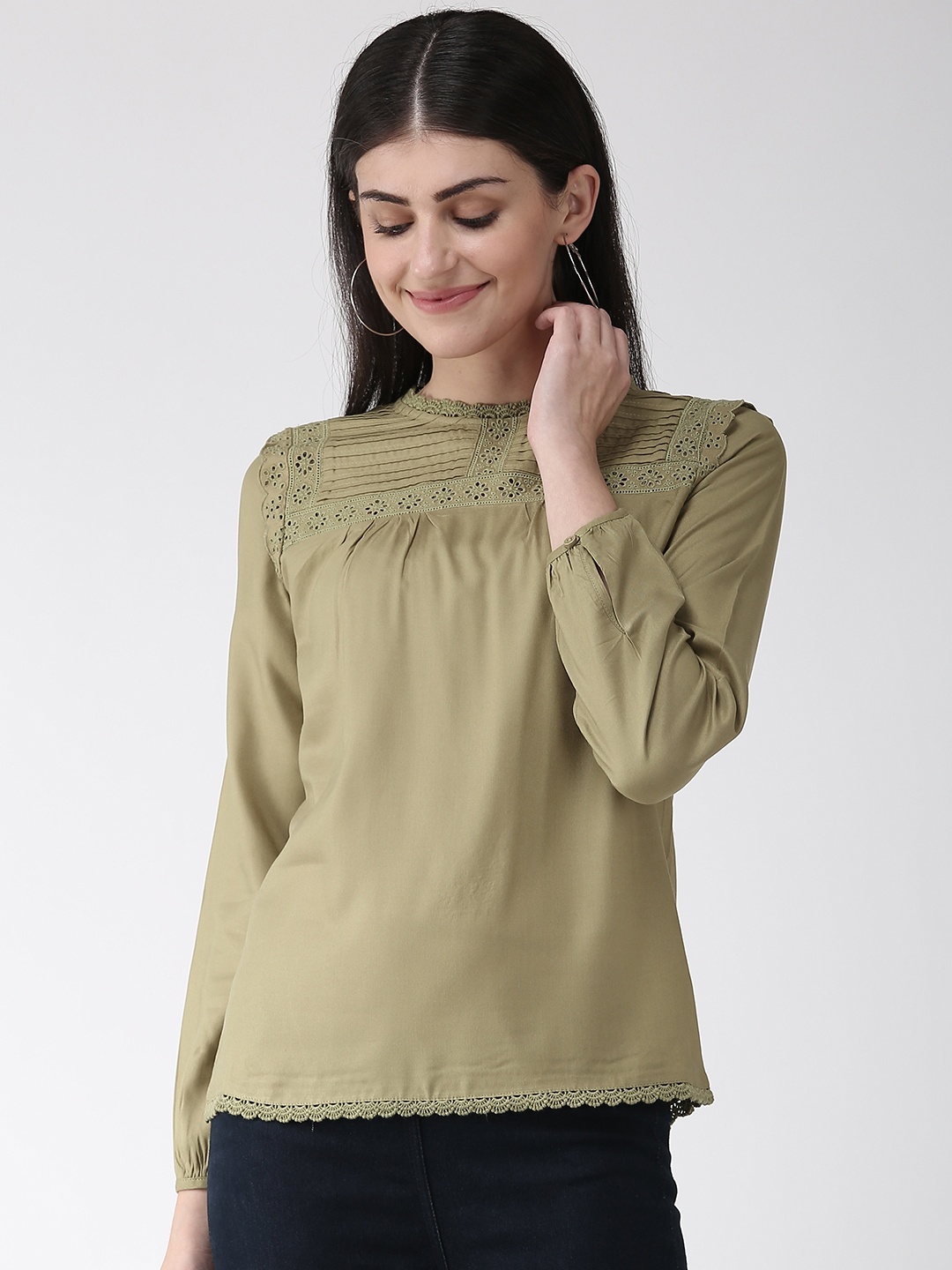 

Marks & Spencer Women Olive Green Solid Top with Schiffli Detail