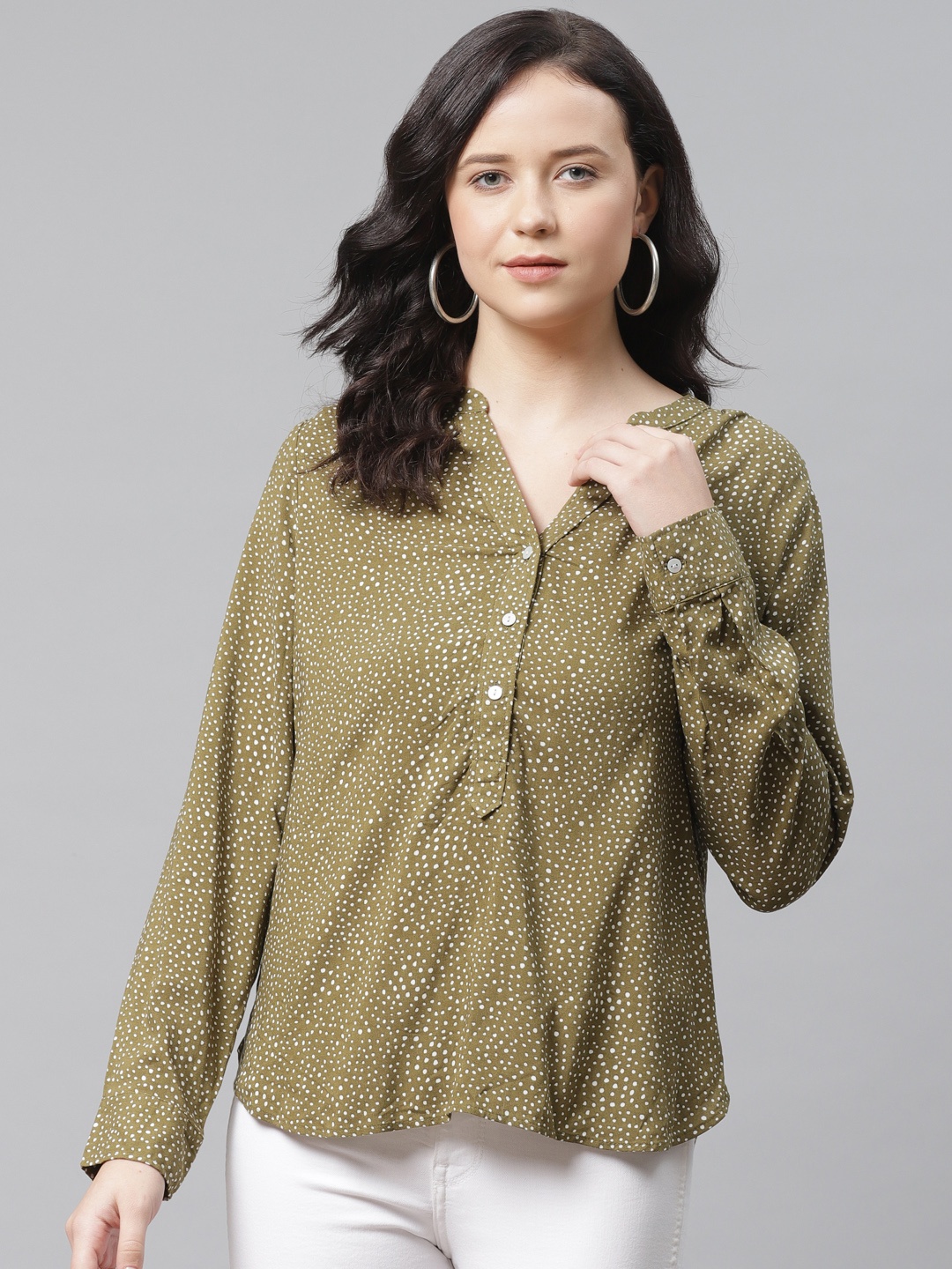 

Marks & Spencer Women Olive Green & White Geometric Printed Shirt Style Top
