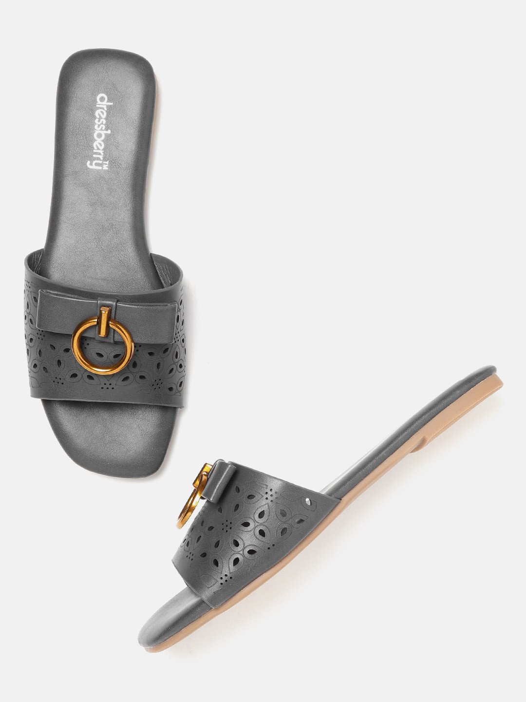 

DressBerry Women Charcoal Grey Laser Cut Open Toe Flats