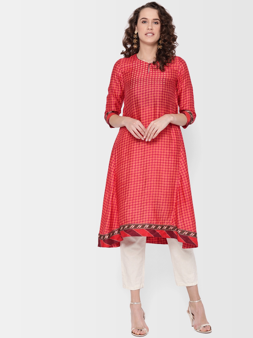 

Fabindia Women Pink Printed Slim Fit A-Line Kurta