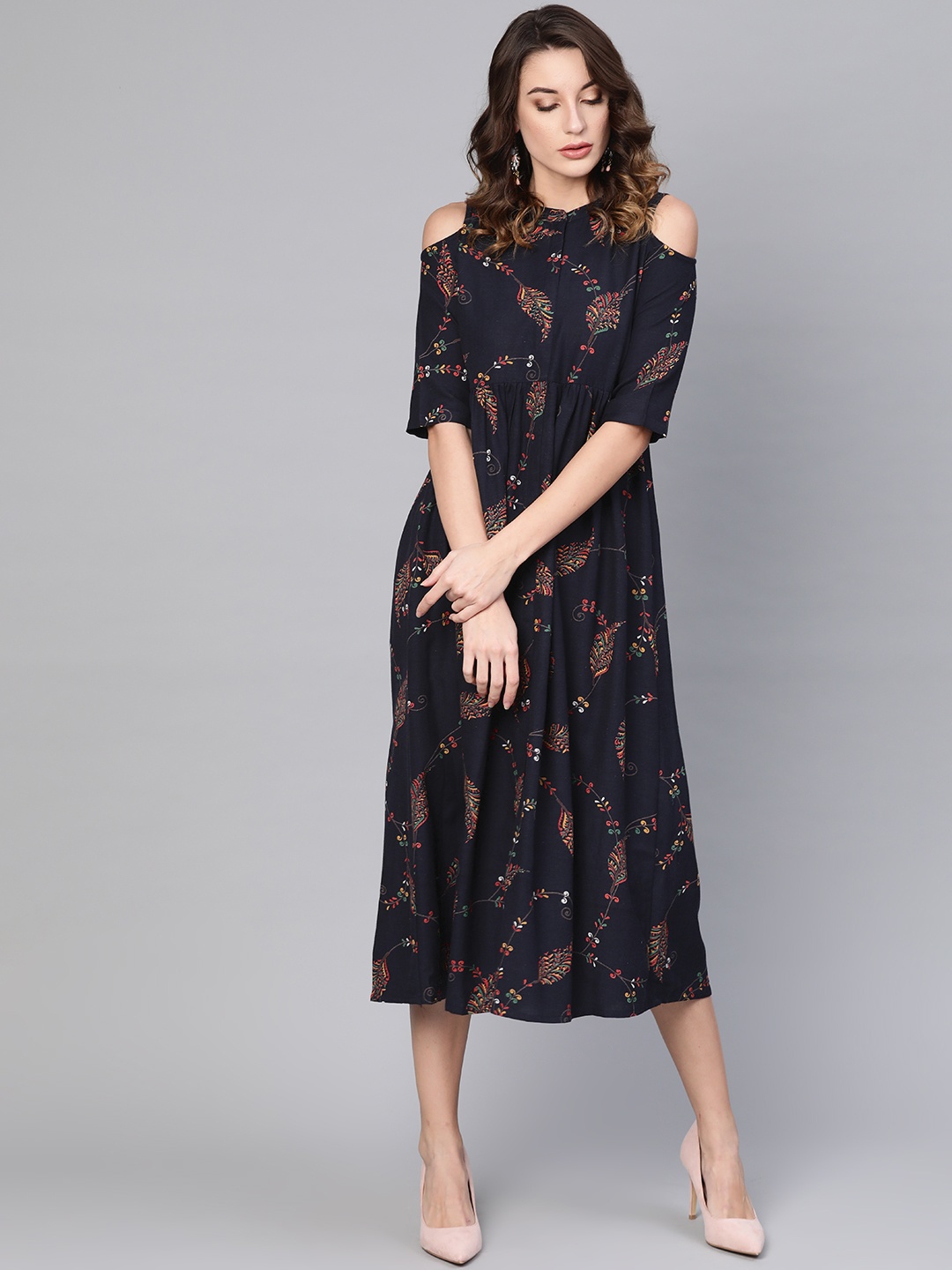 

GERUA Women Navy Blue & Rust Orange Printed Cold-Shoulder Empire Dress