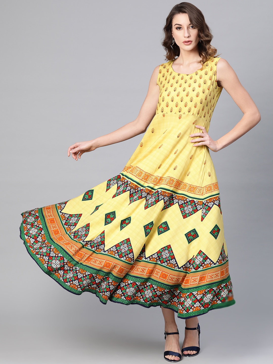 

GERUA Women Yellow & Navy Blue Printed Maxi Dress