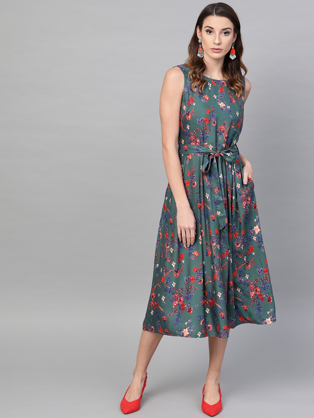 

GERUA Women Teal Green & Orange Printed Midi Fit & Flare Dress