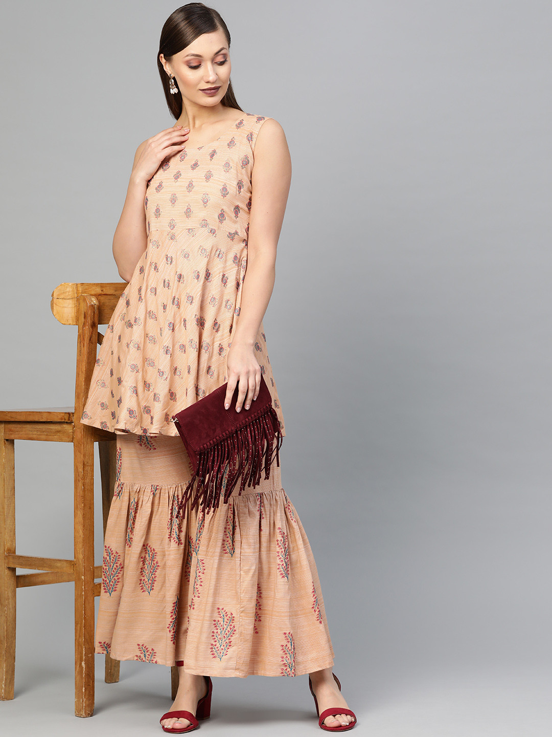

Gerua By Libas Women Beige Pink Block Print Kurta with Sharara