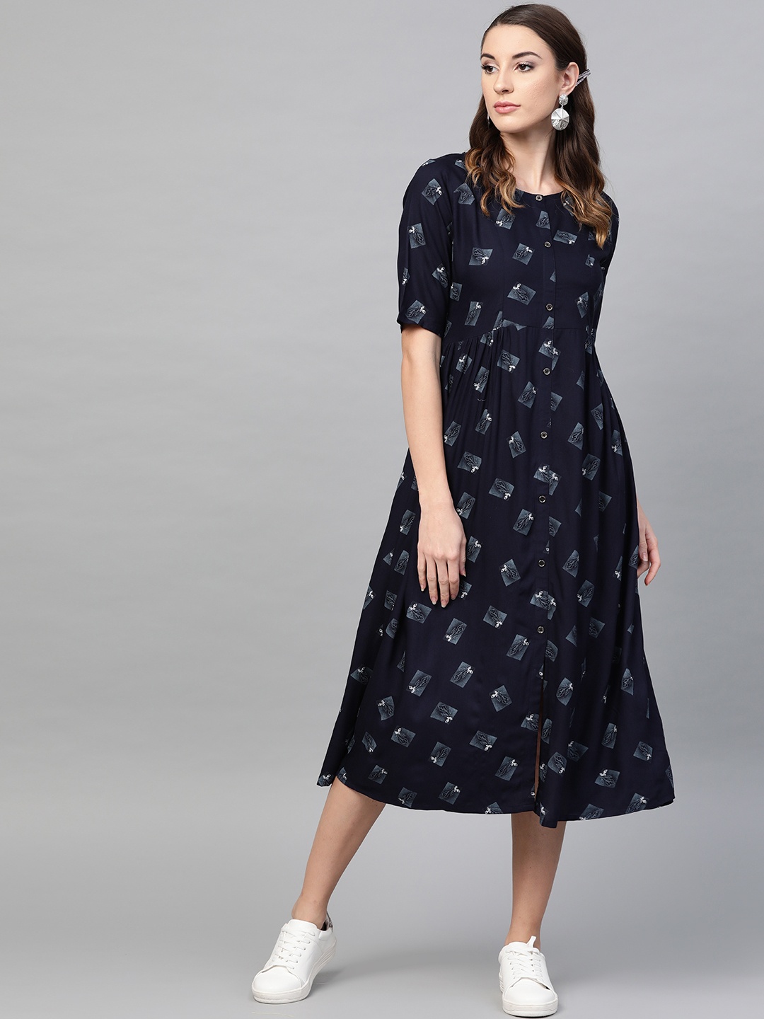 

GERUA Women Navy Blue Printed Midi Empire Dress