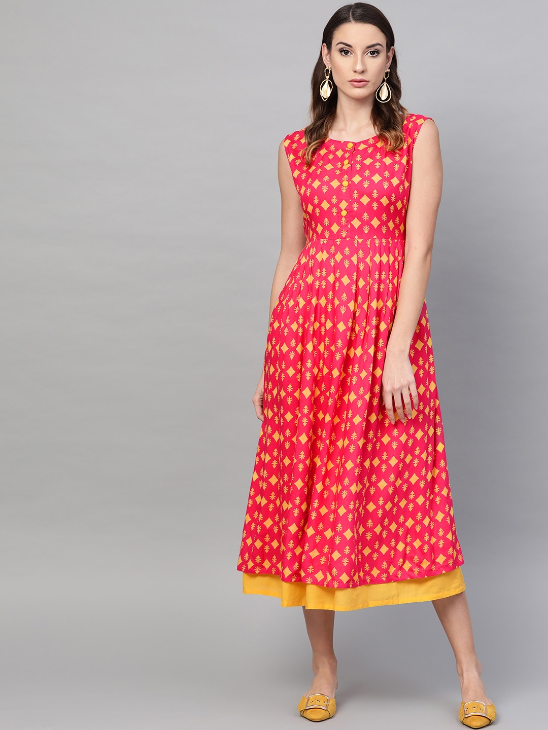 

Gerua By Libas Women Pink Yellow Layered Printed A-Line Dress