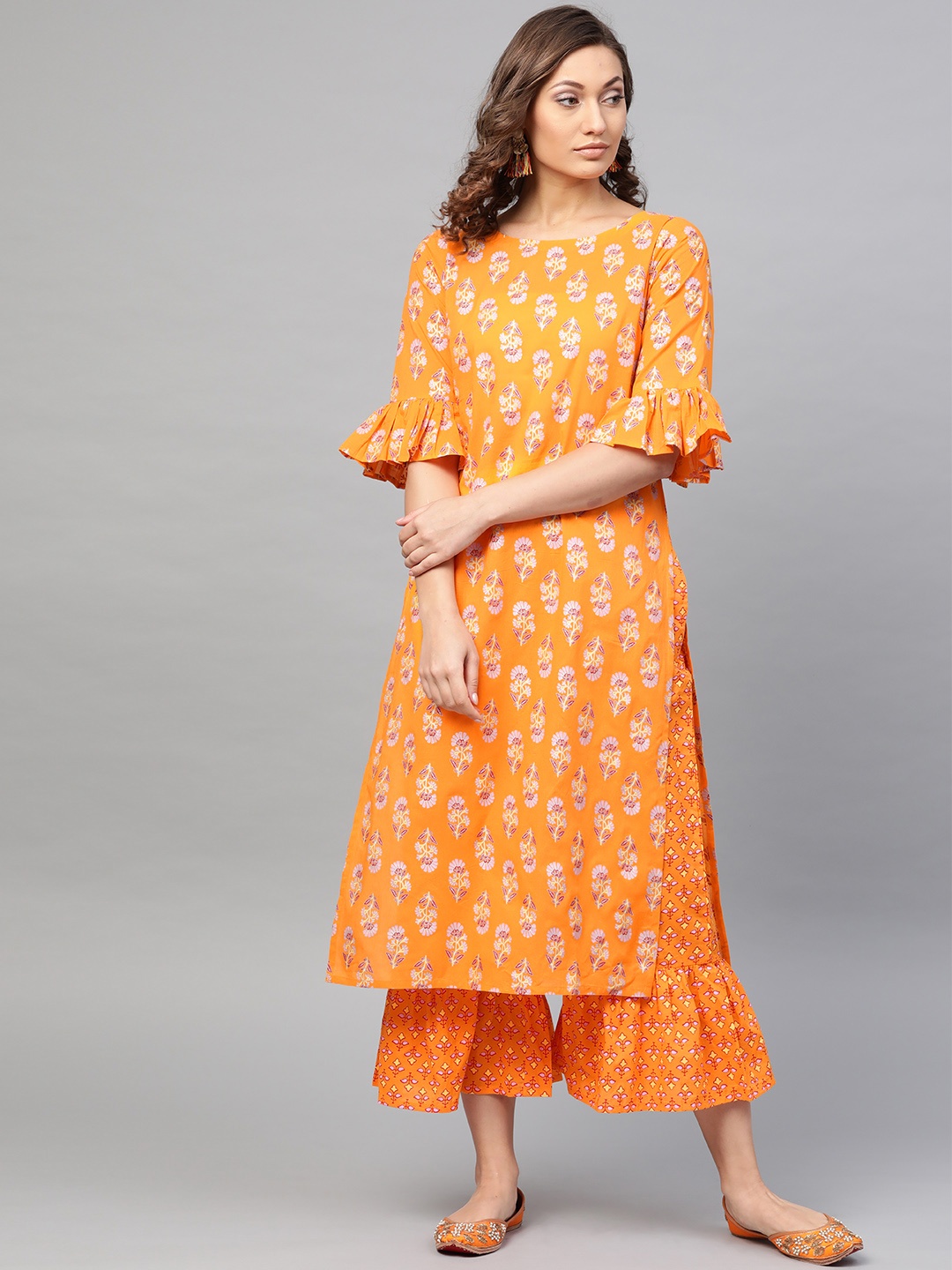 

Gerua By Libas Women Orange Pink Block Print Kurta with Sharara