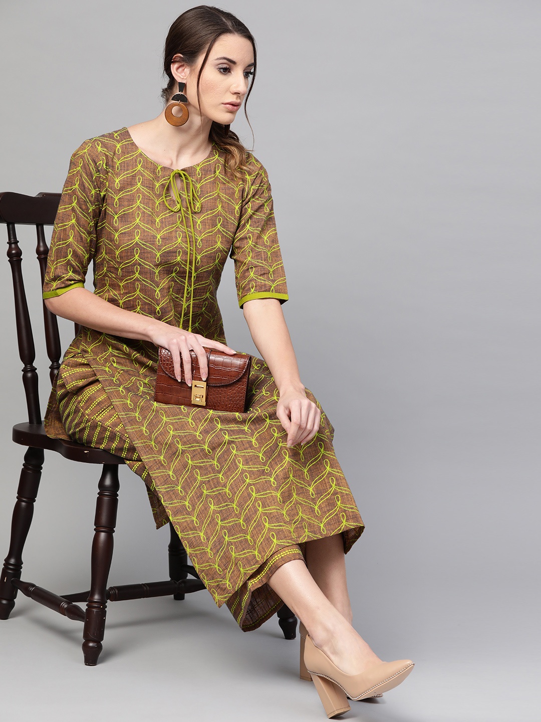 

Gerua By Libas Women Brown Green Block Print Kurta with Palazzos