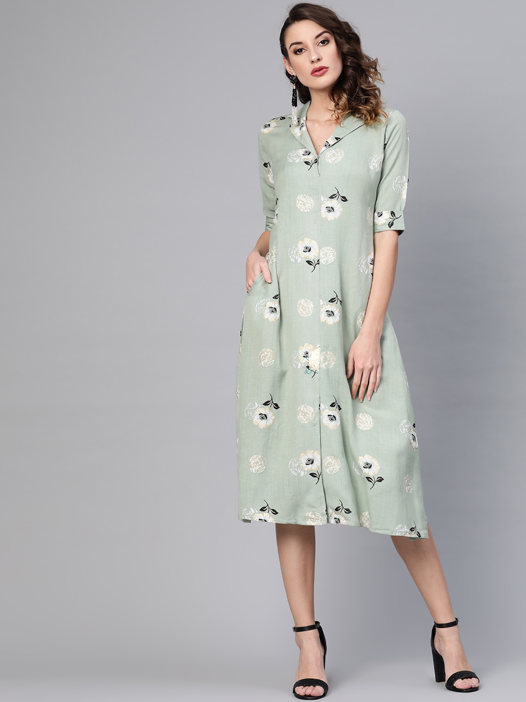 

Gerua By Libas Women Green Off-White Floral Print A-Line Dress