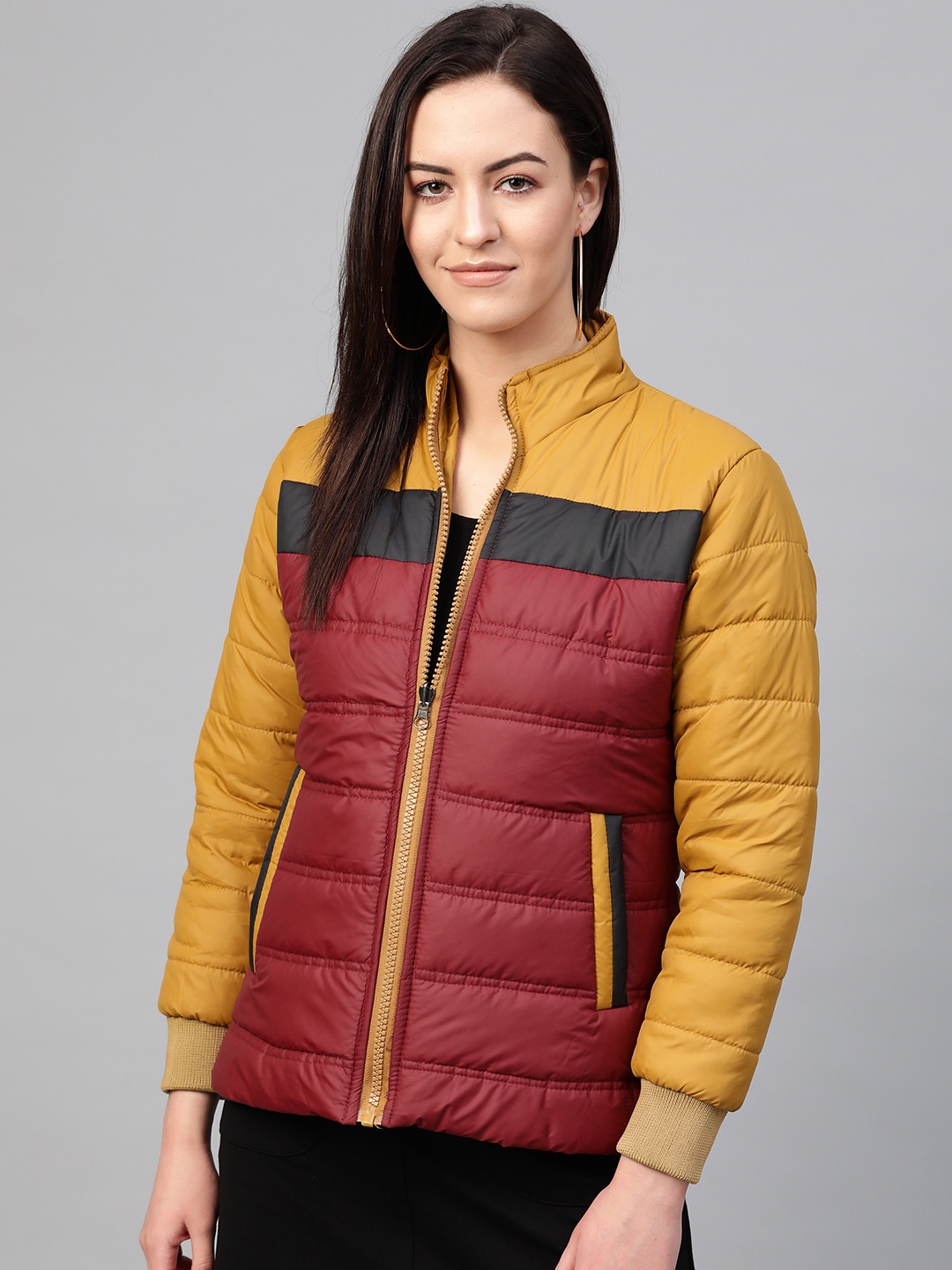 

VOXATI Women Maroon & Mustard Yellow Colourblocked Padded Jacket