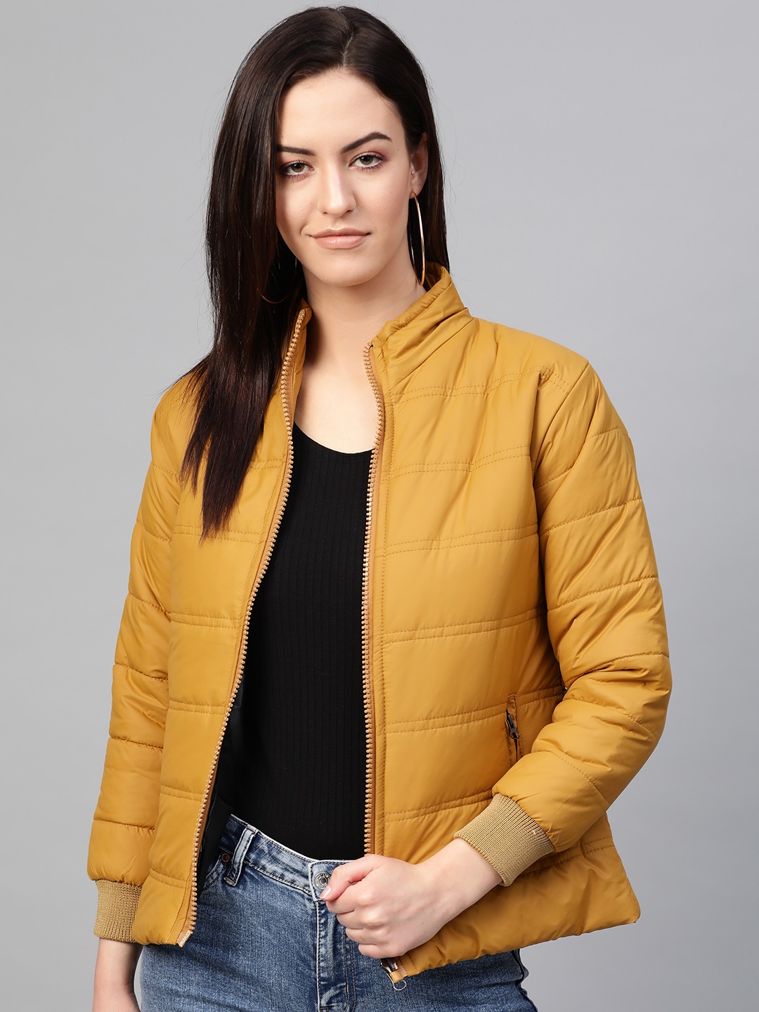 

VOXATI Women Mustard Yellow Solid Padded Jacket