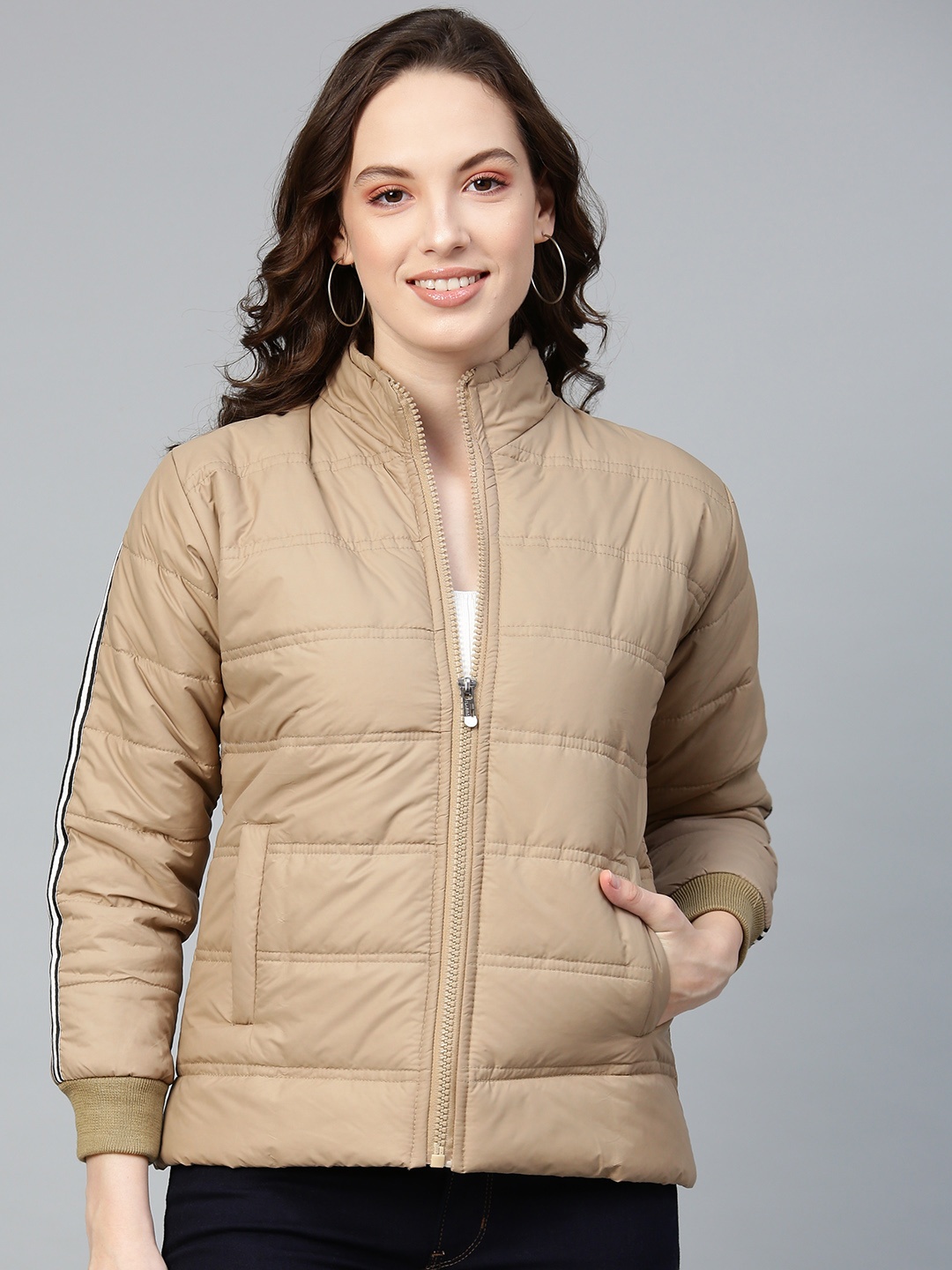 

VOXATI Women Beige Solid Padded Jacket
