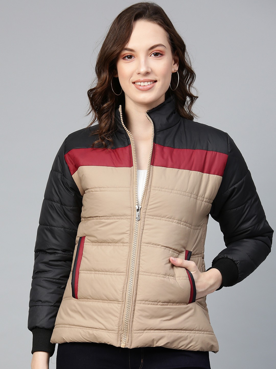 

VOXATI Women Beige & Black Colourblocked Padded Jacket