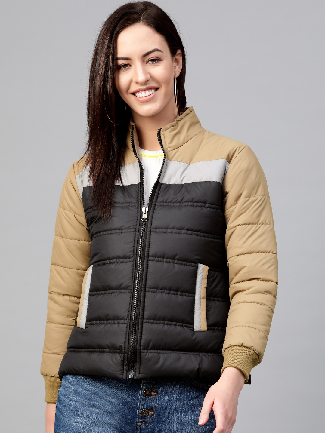 

VOXATI Women Black & Beige Colourblocked Padded Jacket