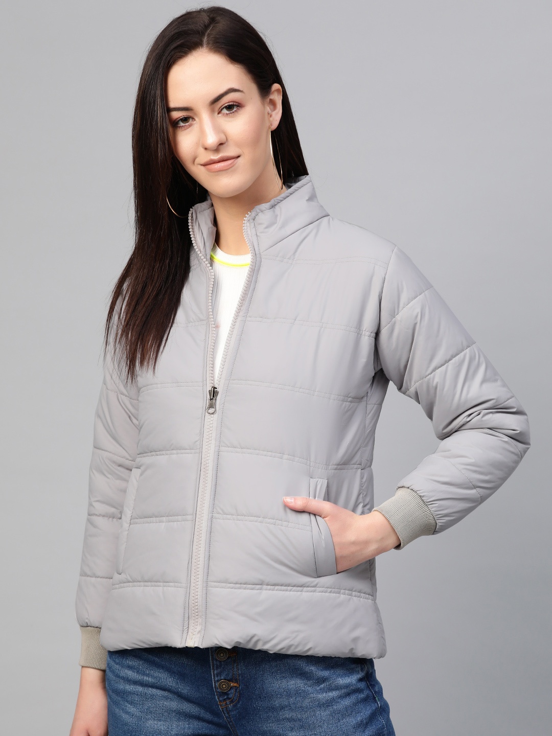 

VOXATI Women Grey Solid Padded Jacket