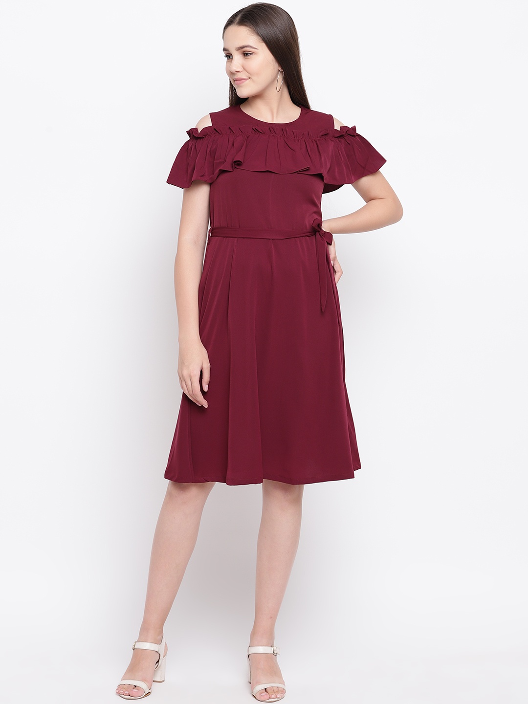 

Uptownie Lite Women Burgundy Solid Cold-Shoulder A-Line Dress