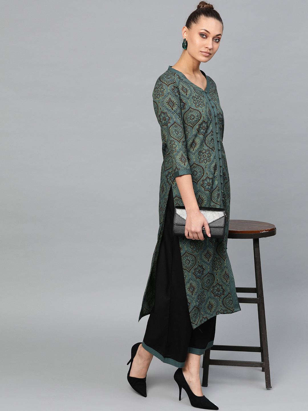 

Indo Era Women Green & Black Printed Kurta with Palazzos