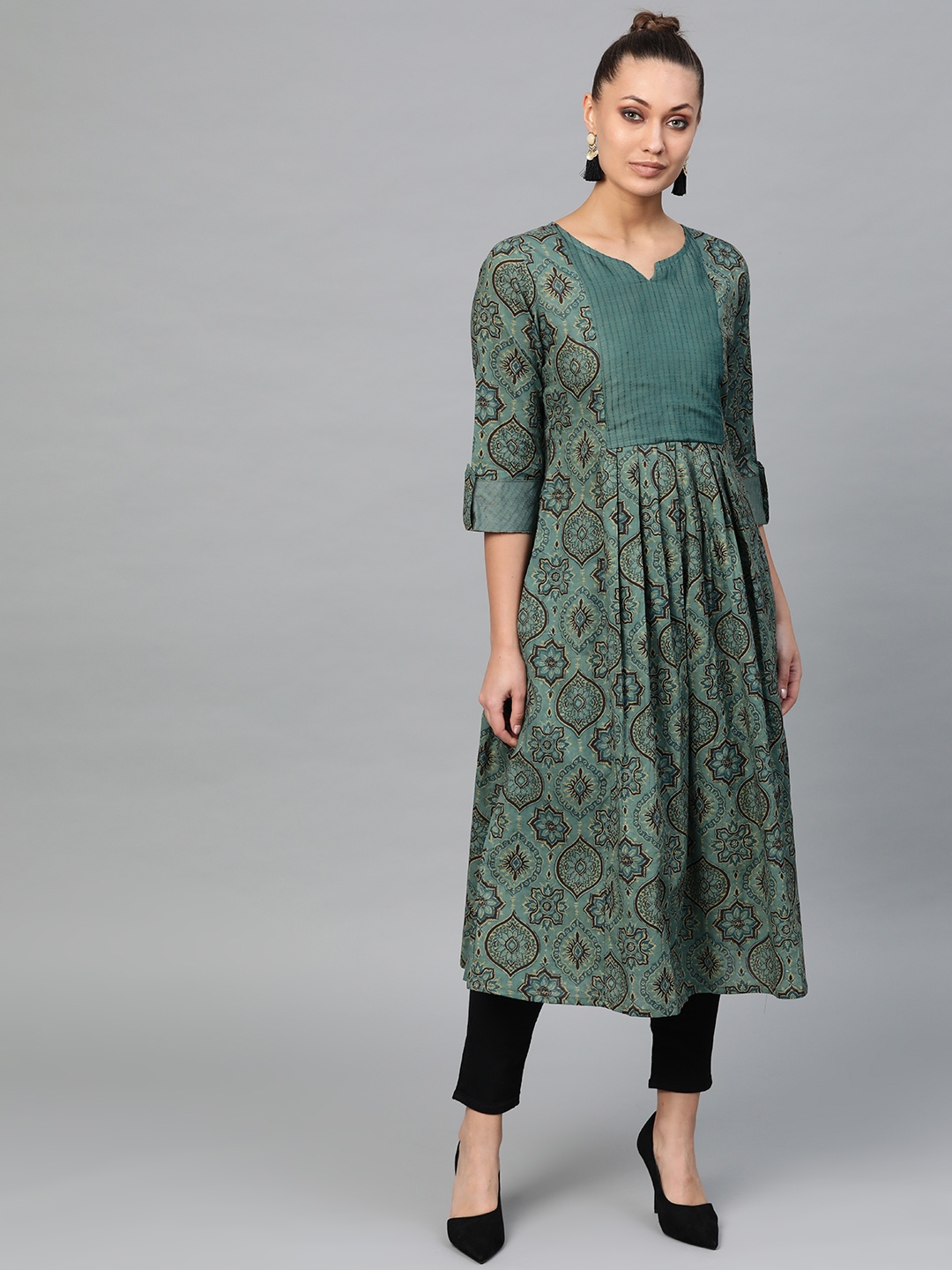 

Indo Era Women Green & Coffee Brown Printed Pleated A-Line Kurta