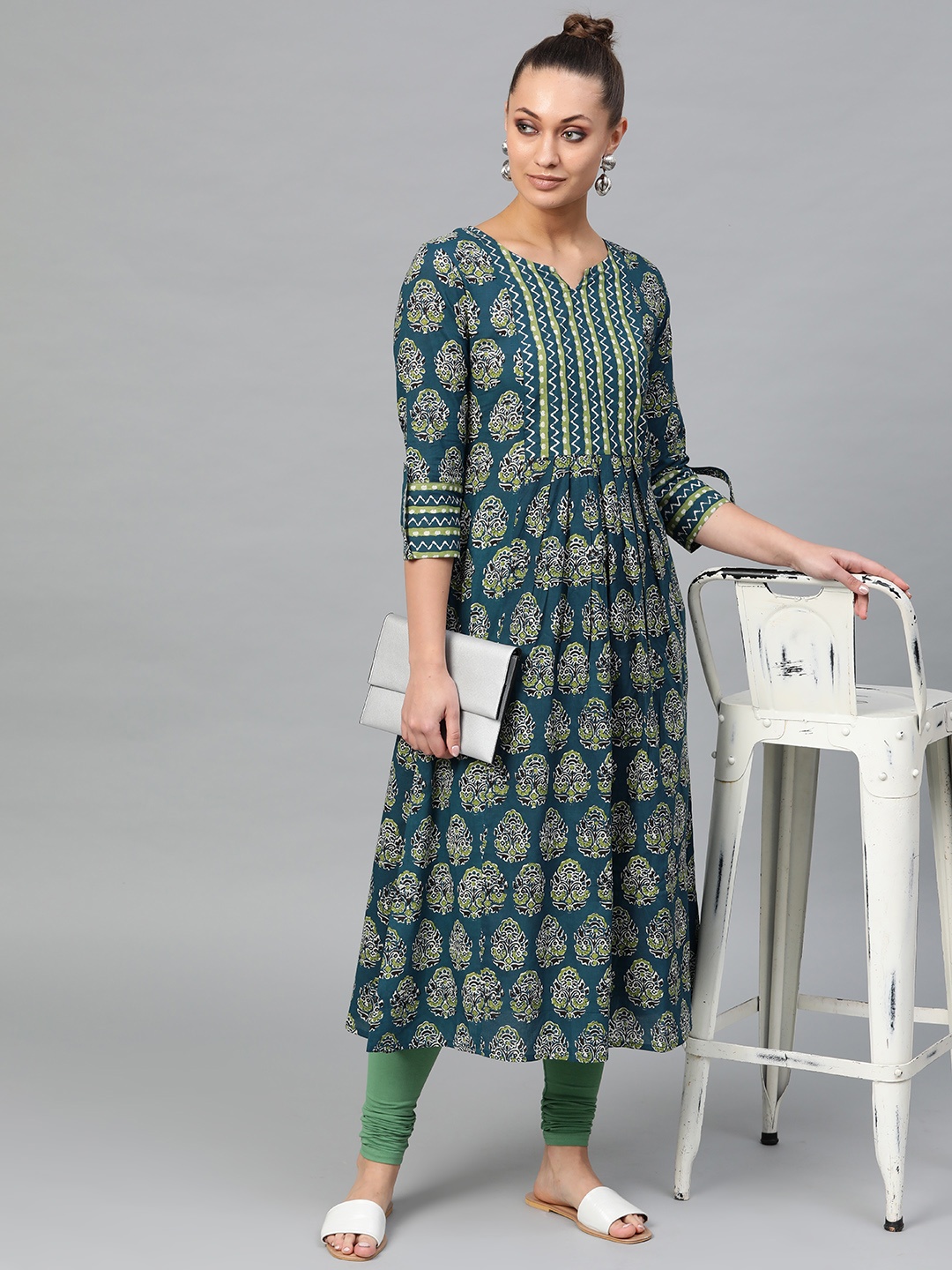 

Indo Era Women Teal Blue & Olive Green Printed Pleated A-Line Kurta