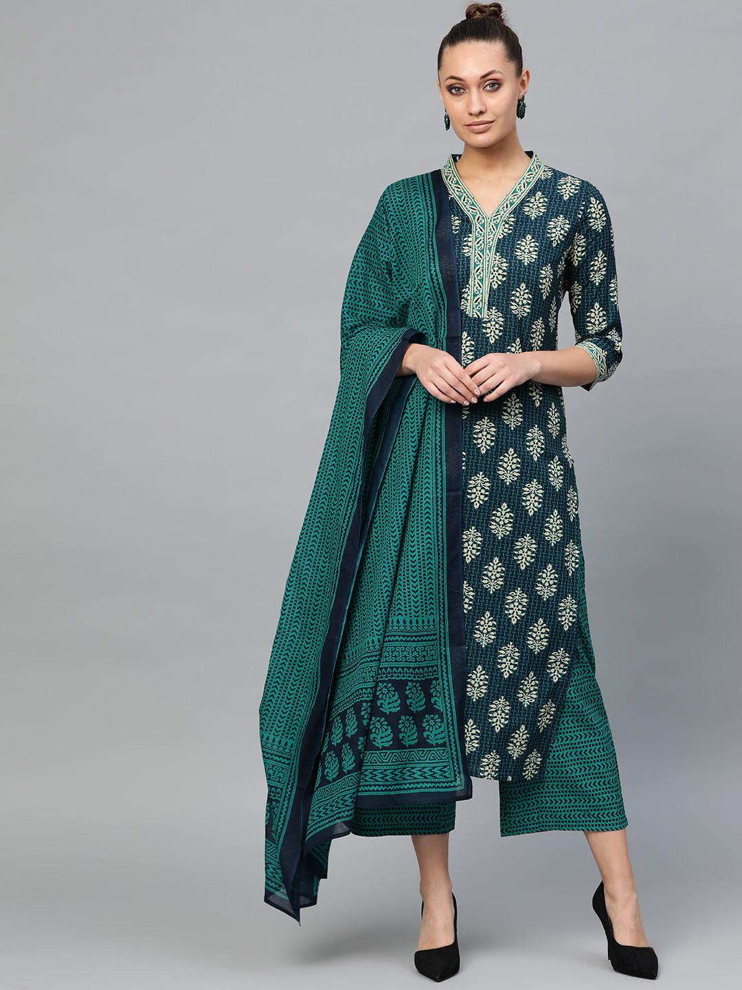 

Indo Era Women Navy Blue & Green Printed Kurta with Palazzos & Dupatta