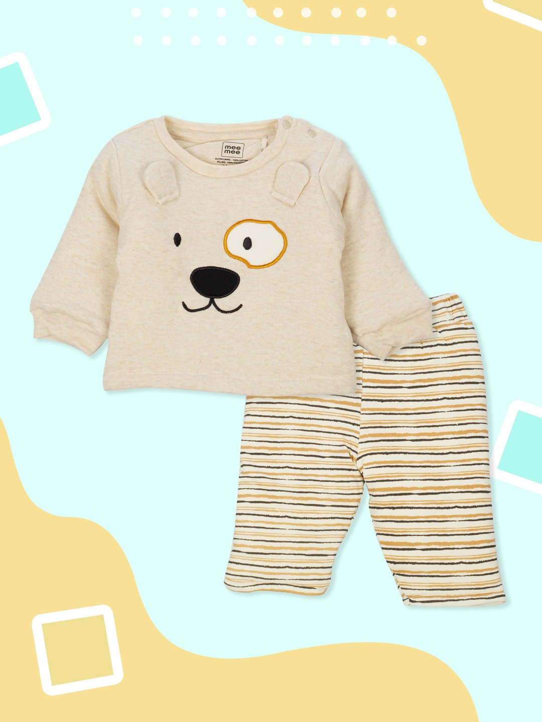 

MeeMee Boys Beige & Camel Brown Solid Applique Detailed Top with Trousers
