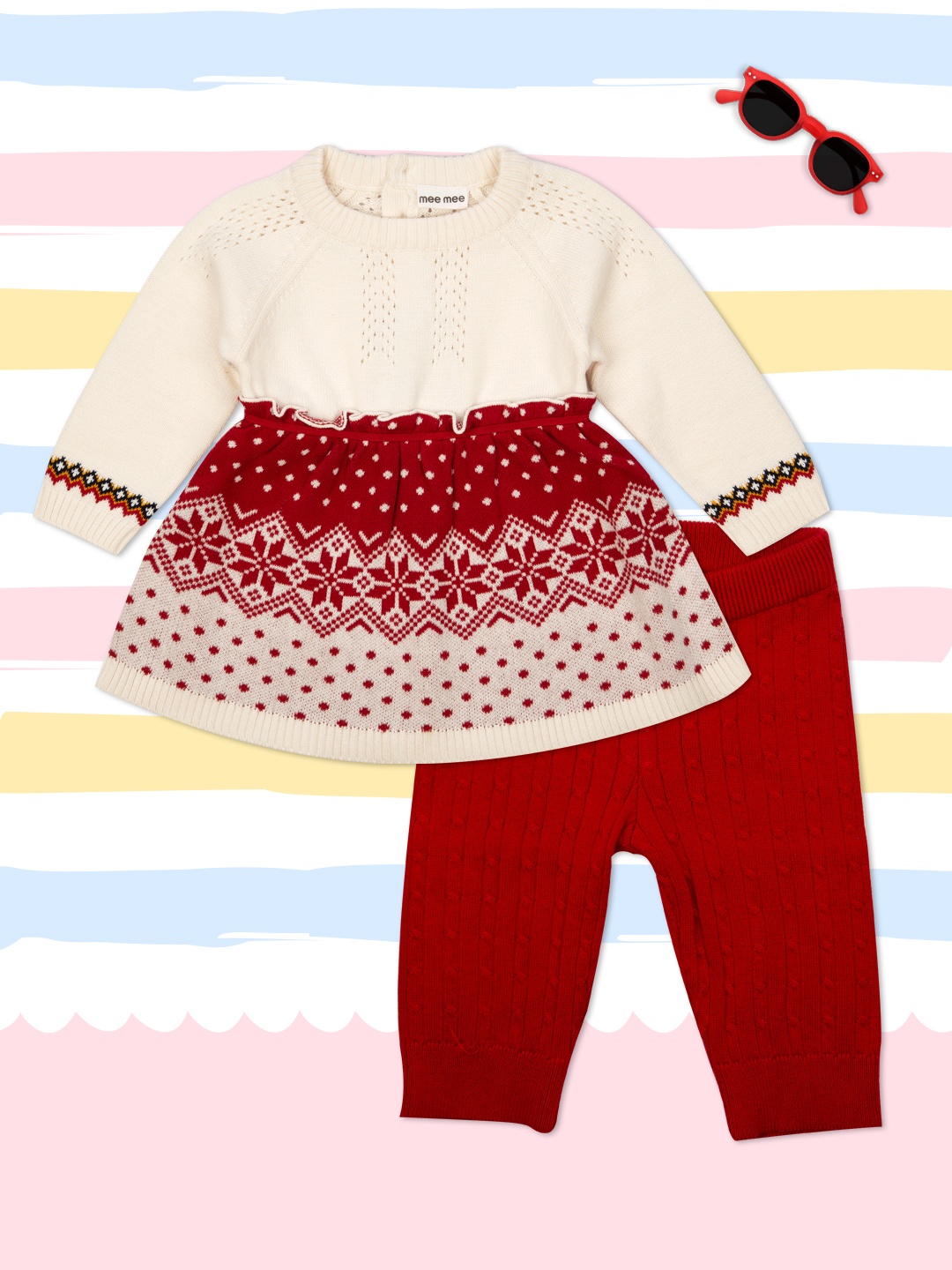 

MeeMee Girls Maroon & Off-White Self Design Top with Trousers